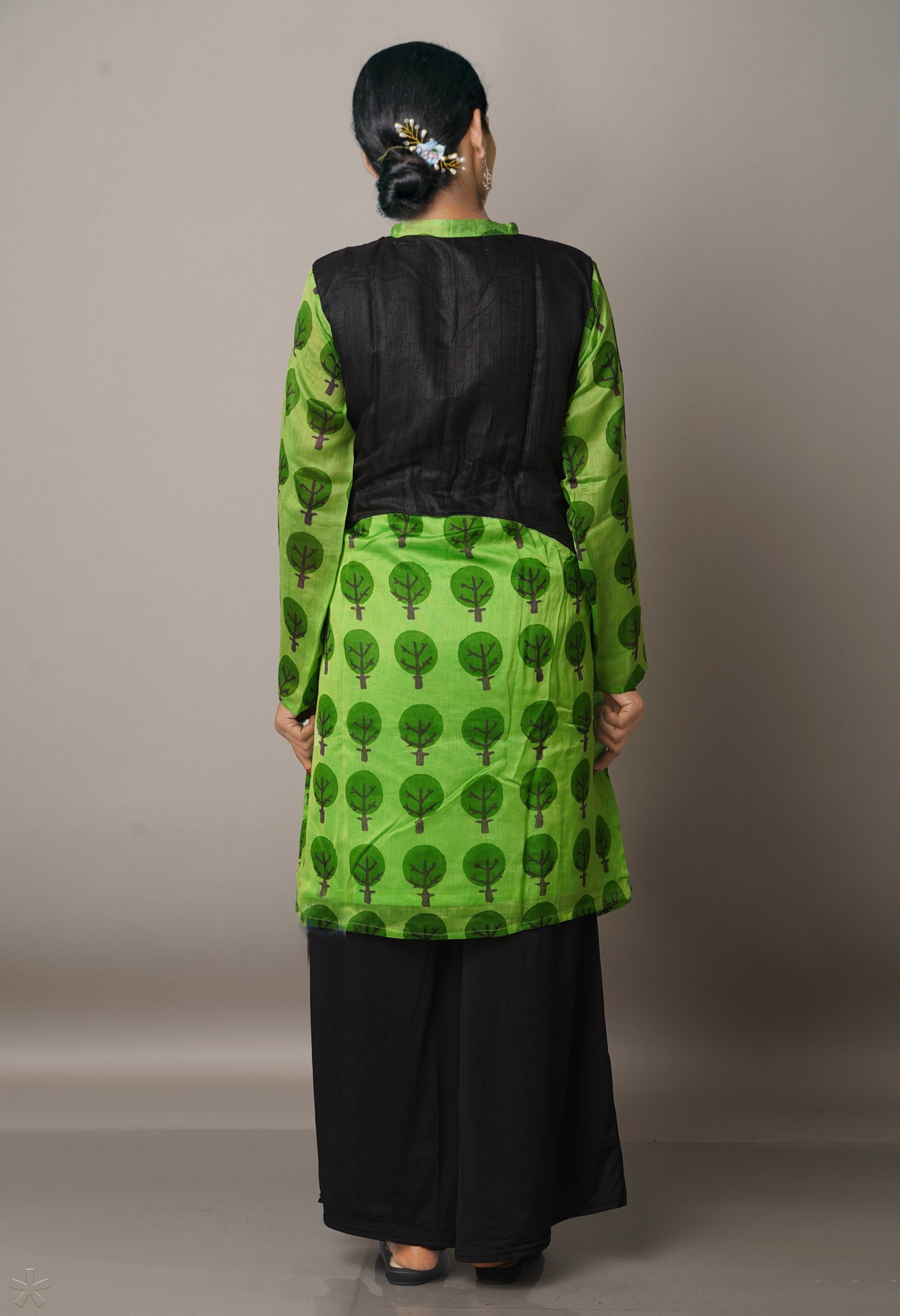 Parrot Green-Black Pure Handloom Chanderi Kurta-PKK1684