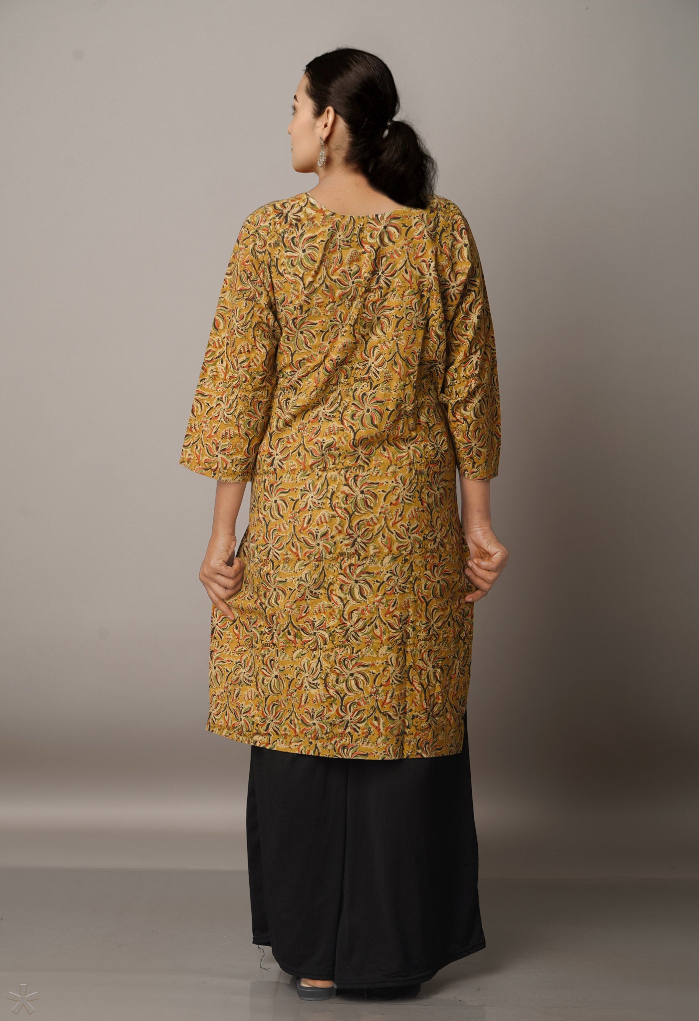 Mustrad Yellow Kalamkari With Embrodiery Work Cotton Kurta- PKK1723-L