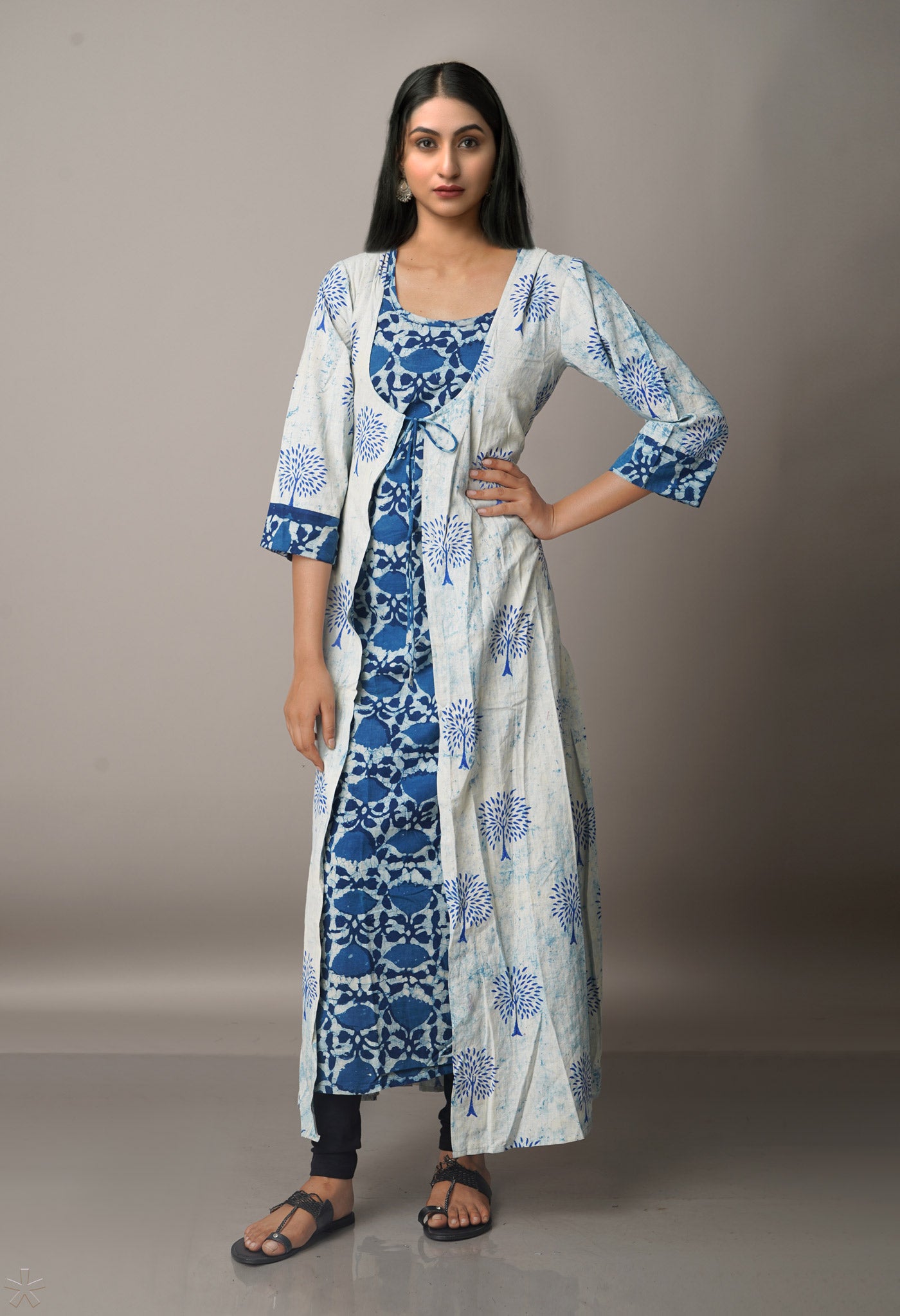 Cream-Indigo Pure Bagru Cotton Long Kurta-PKK1730