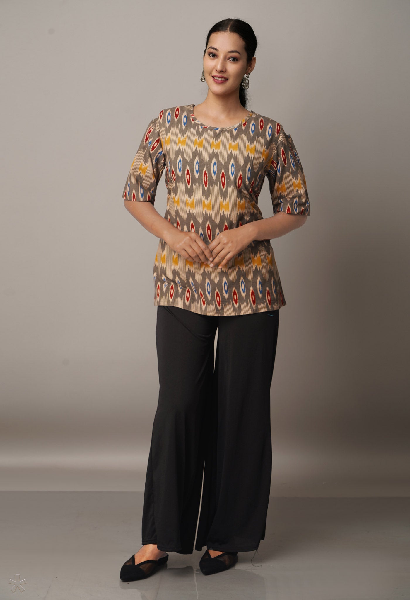 Grey Pure Pochampally Cotton Cut Out Shoulder Kurti-PKK1740