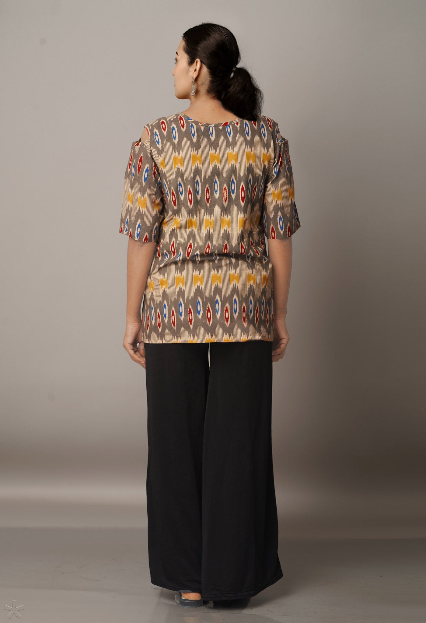 Grey Pure Pochampally Cotton Cut Out Shoulder Kurti-PKK1740