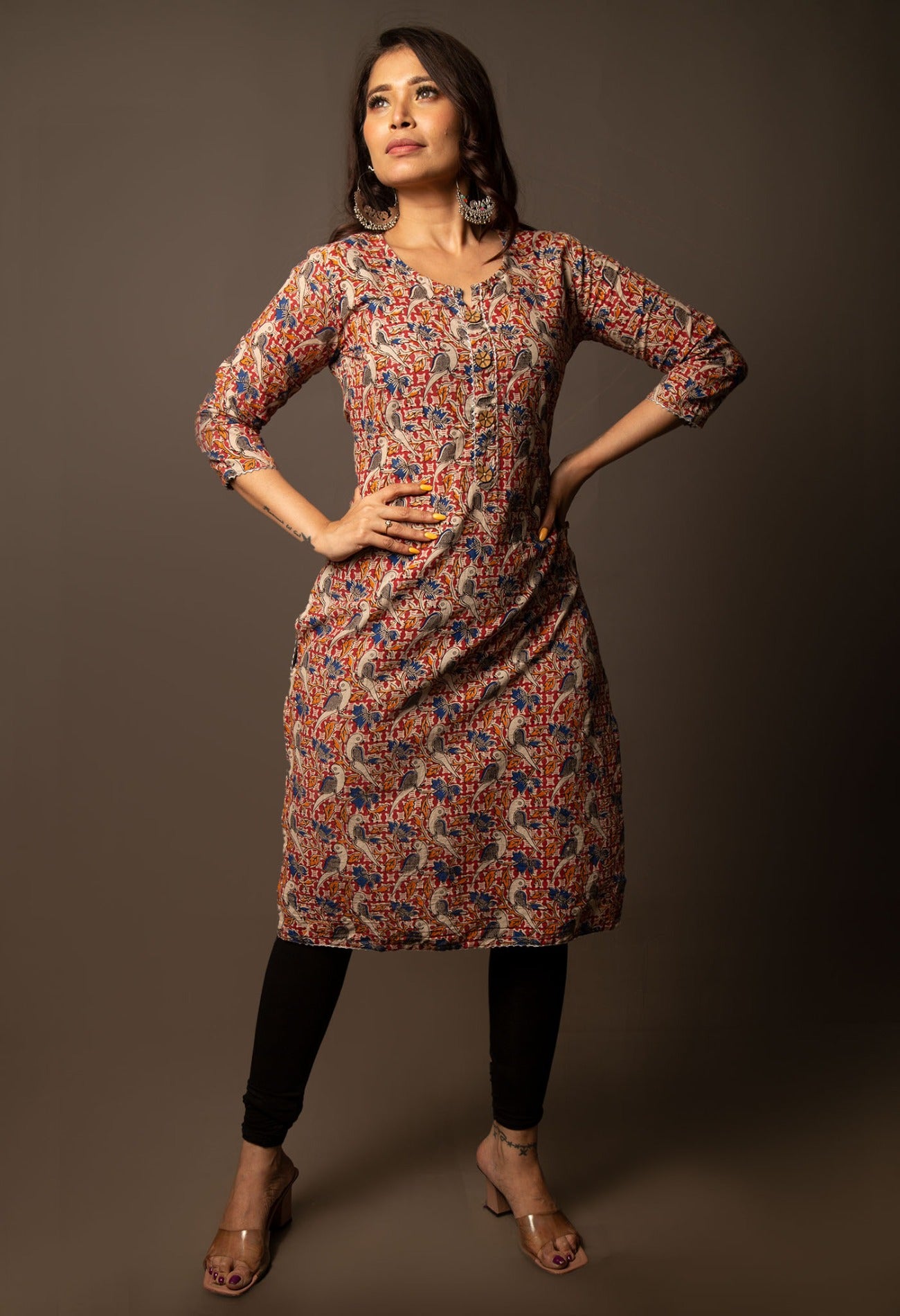 Red and Cream Pure Kalamkari Cotton Long Kurta-PKK1843