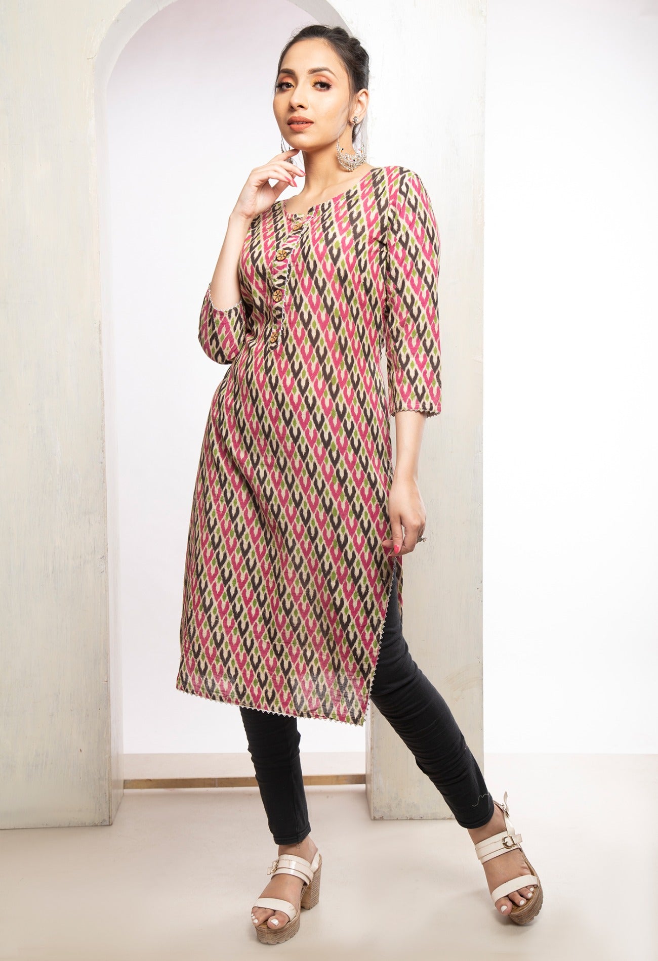 Cream Pure Ikat Cotton Long Kurta-PKK1844