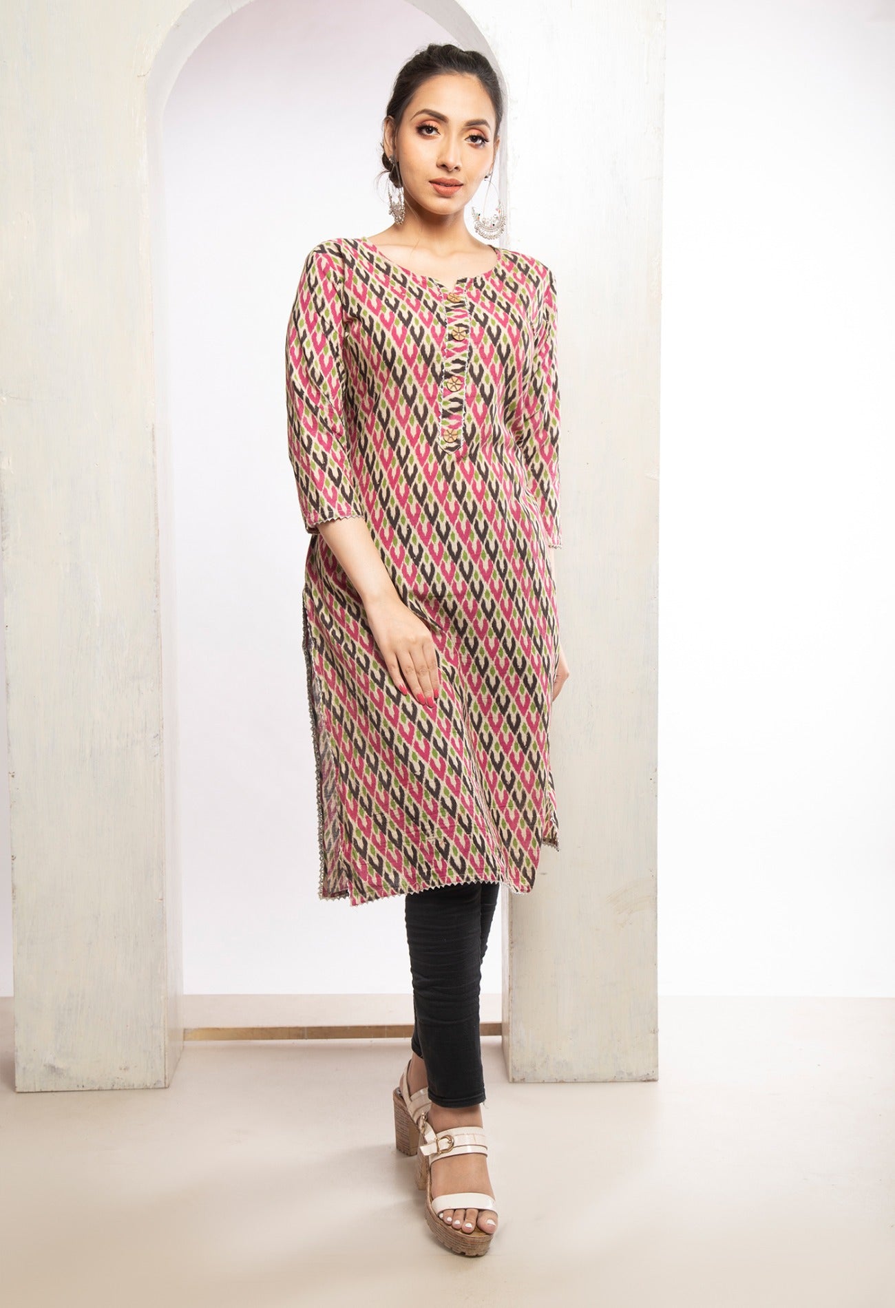 Cream Pure Ikat Cotton Long Kurta-PKK1844