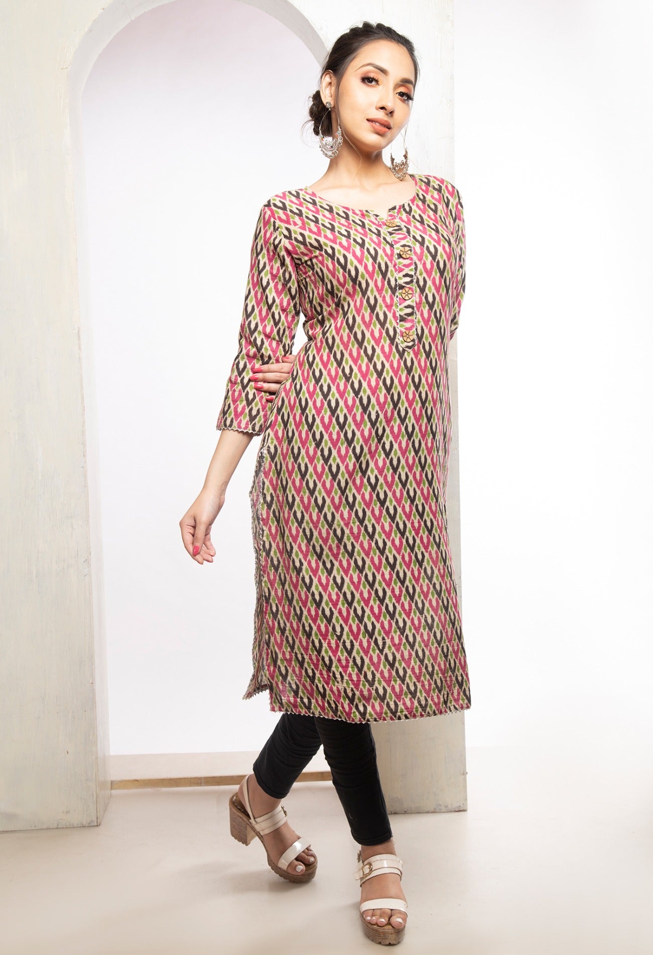 Cream Pure Ikat Cotton Long Kurta-PKK1844