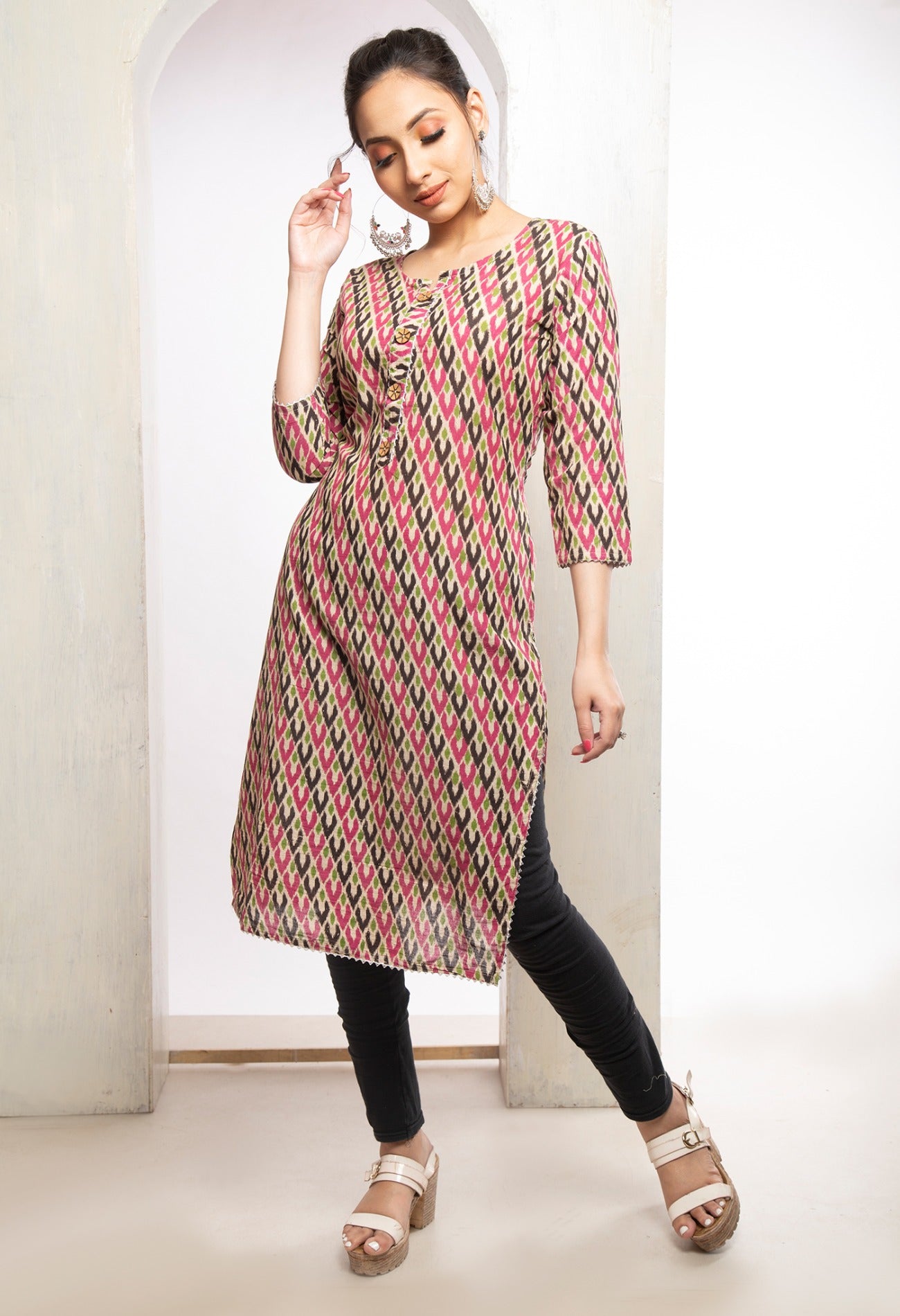 Cream Pure Ikat Cotton Long Kurta-PKK1844