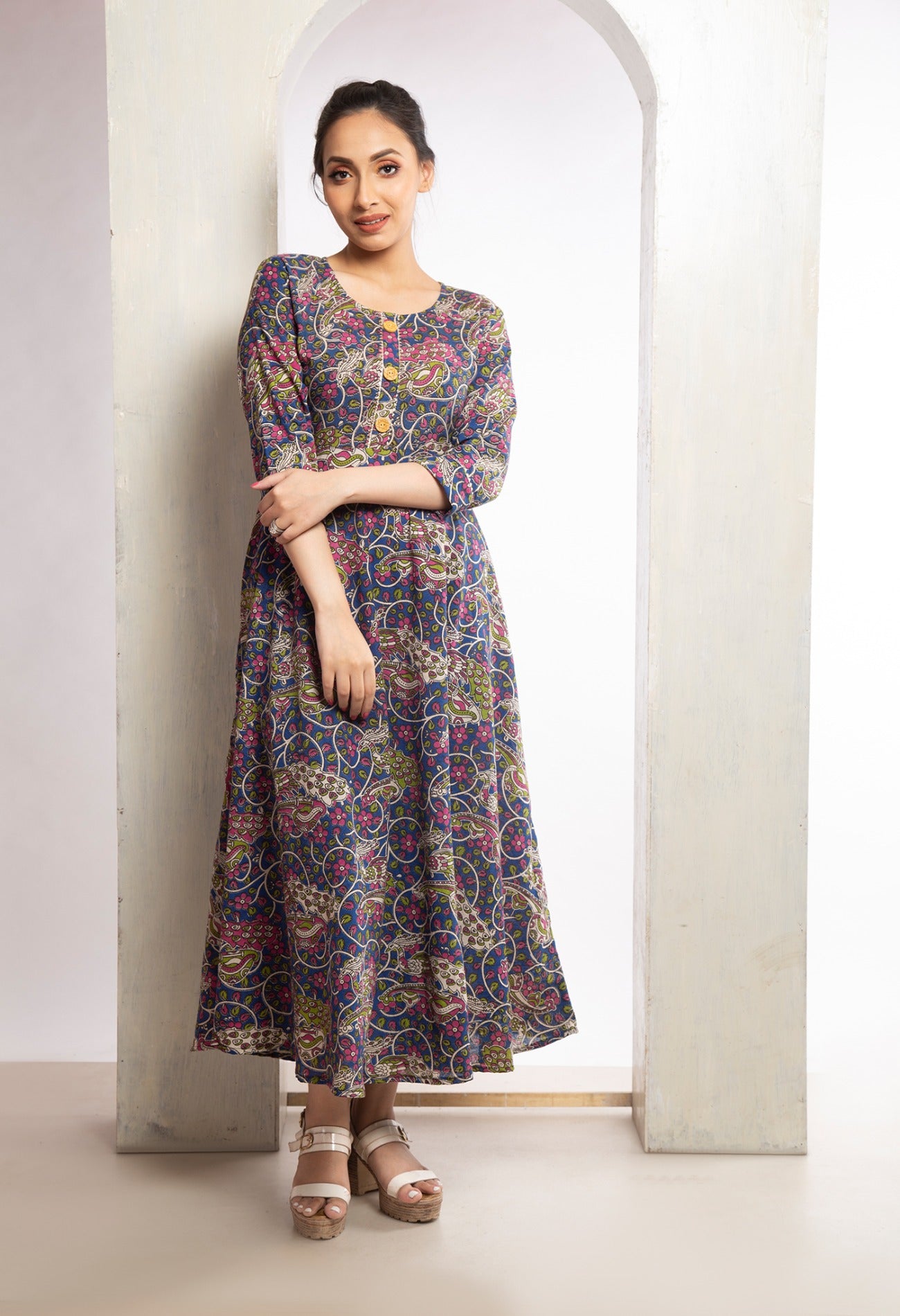 Navy Blue Pure Kalamkari Cotton Long Kurta-PKK1854