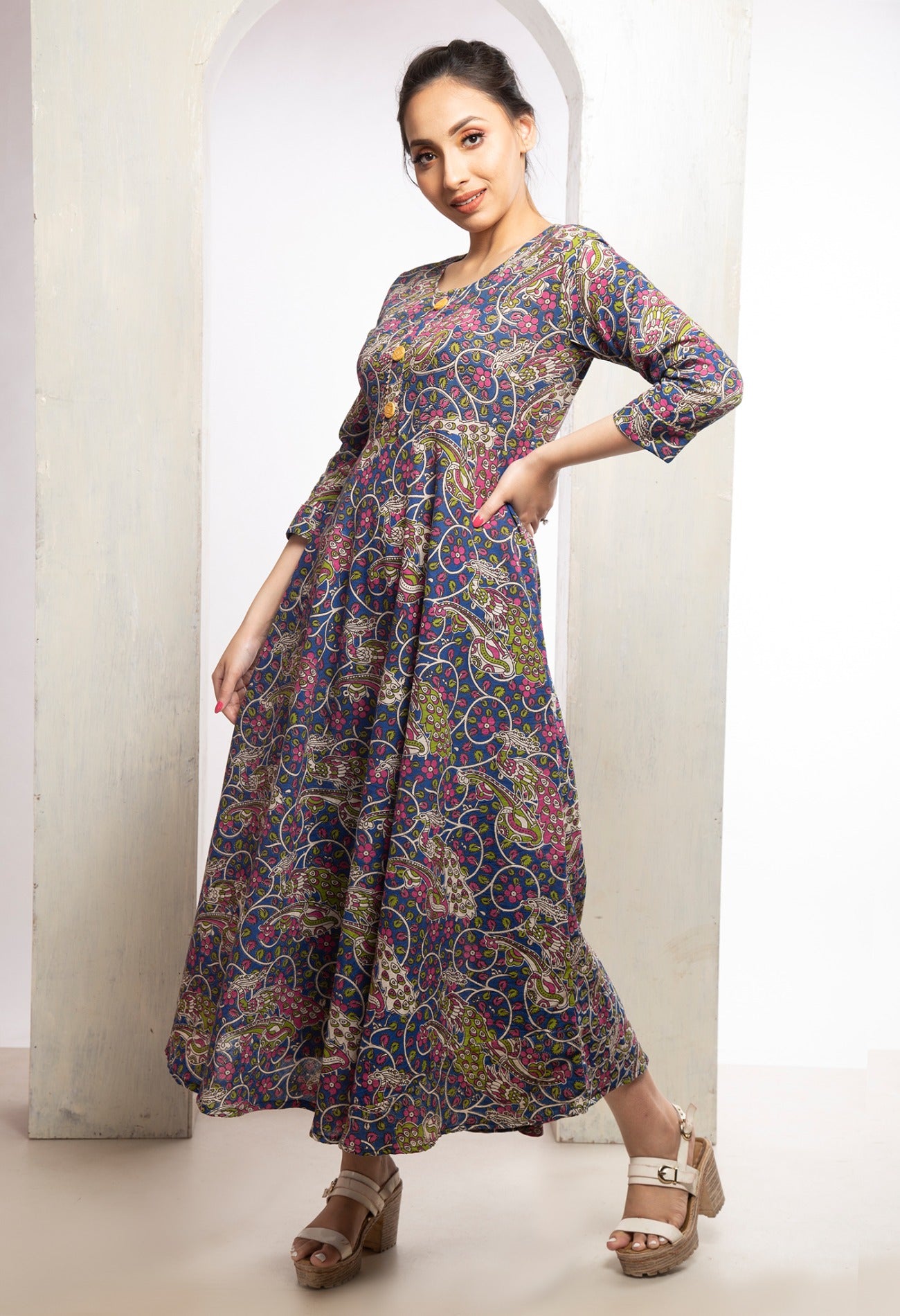 Navy Blue Pure Kalamkari Cotton Long Kurta-PKK1854