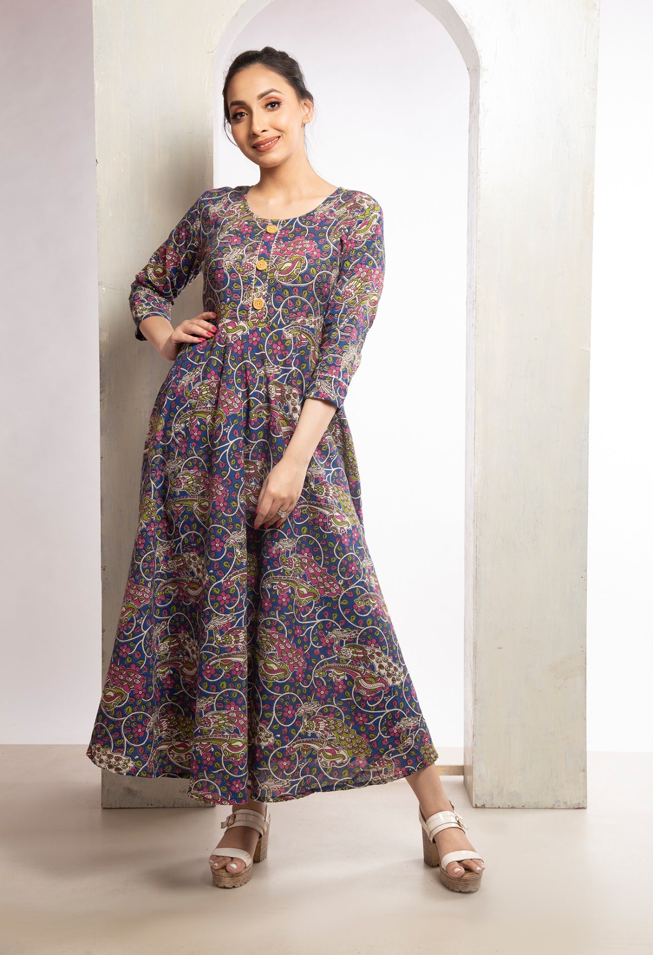 Navy Blue Pure Kalamkari Cotton Long Kurta-PKK1854