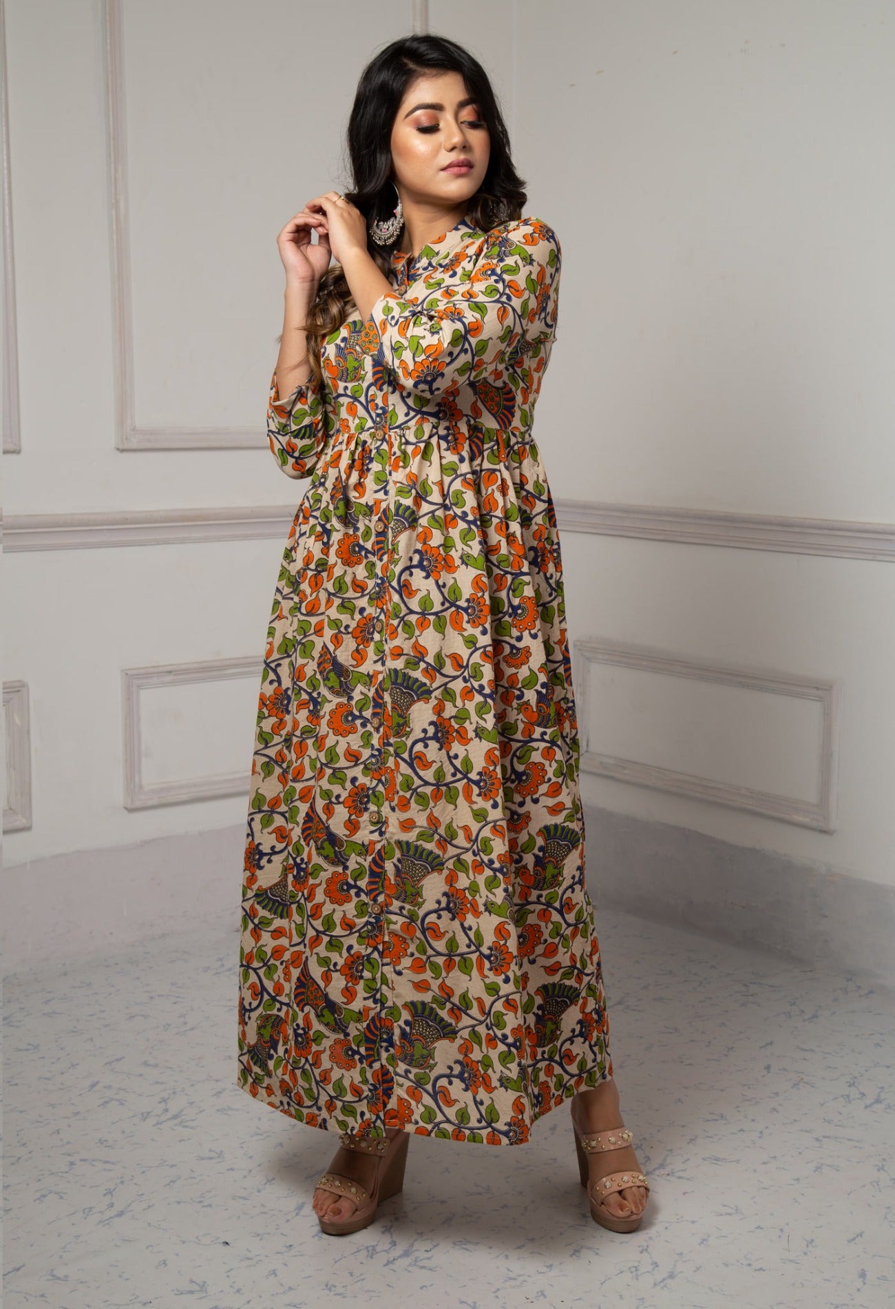 Cream Pure Kalamkari Cotton Long Kurta-PKK1863