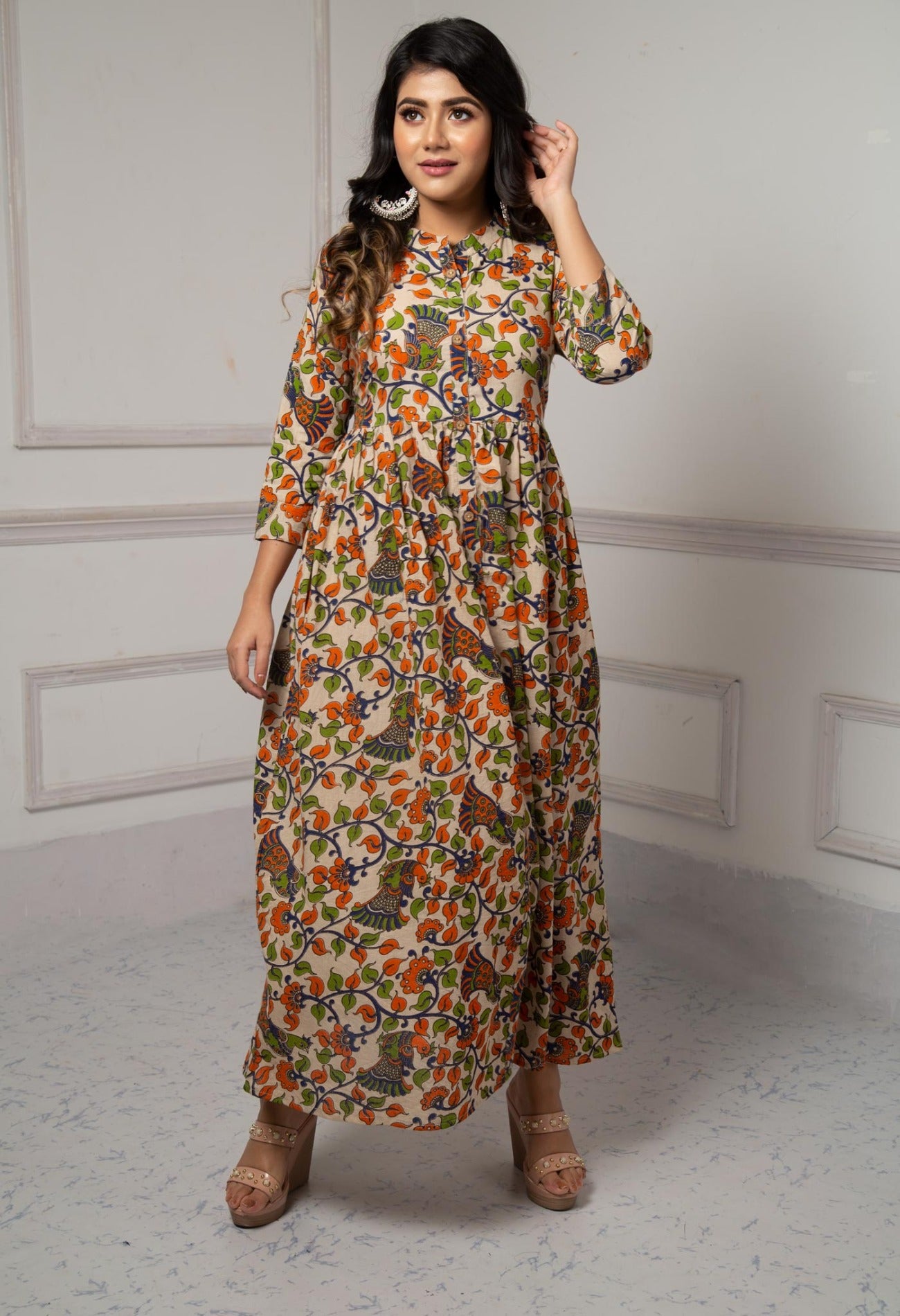 Cream Pure Kalamkari Cotton Long Kurta-PKK1863