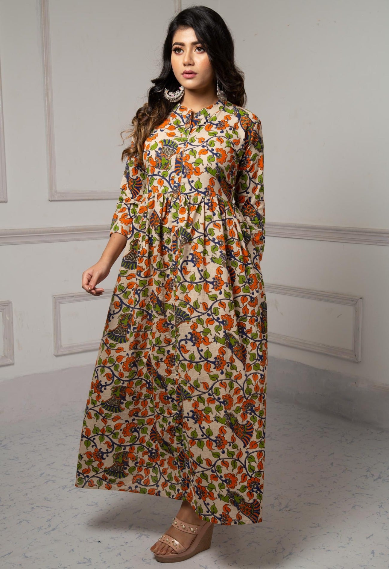 Cream Pure Kalamkari Cotton Long Kurta-PKK1863