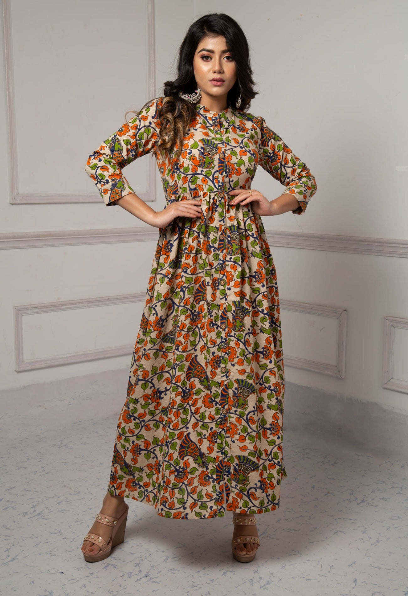 Cream Pure Kalamkari Cotton Long Kurta-PKK1863