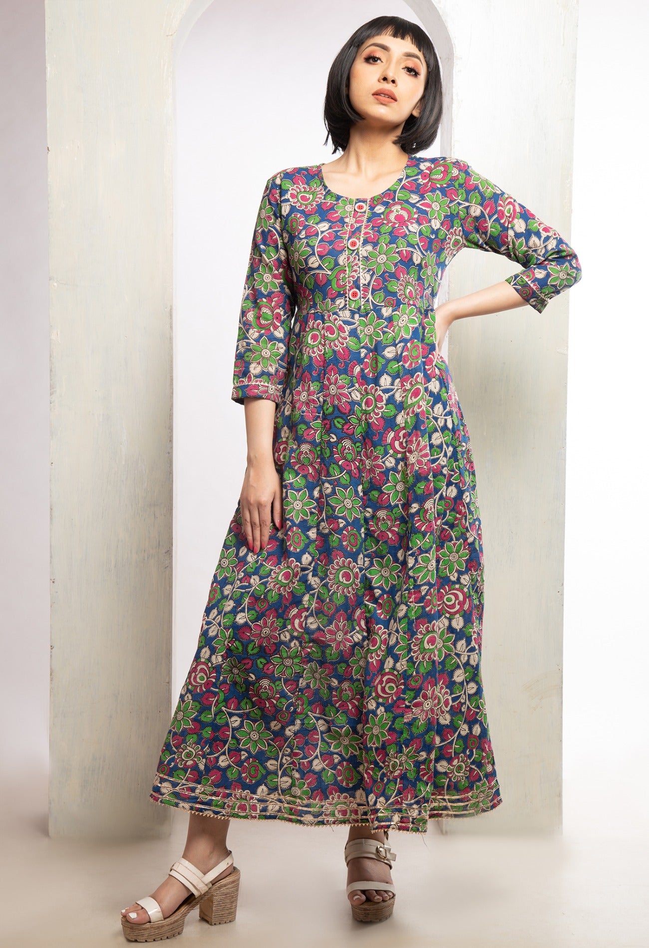 Navy Blue Pure Kalamkari Cotton Long Kurta-PKK1869