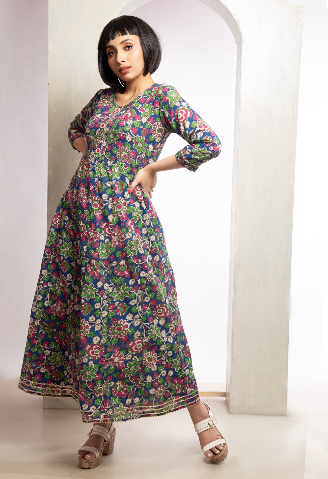 Navy Blue Pure Kalamkari Cotton Long Kurta-PKK1869