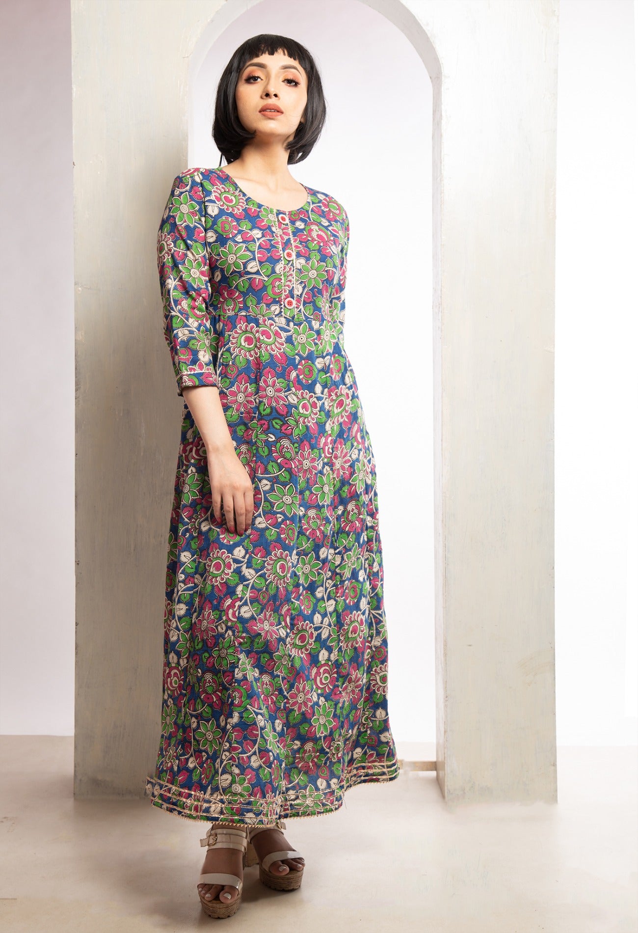 Navy Blue Pure Kalamkari Cotton Long Kurta-PKK1869