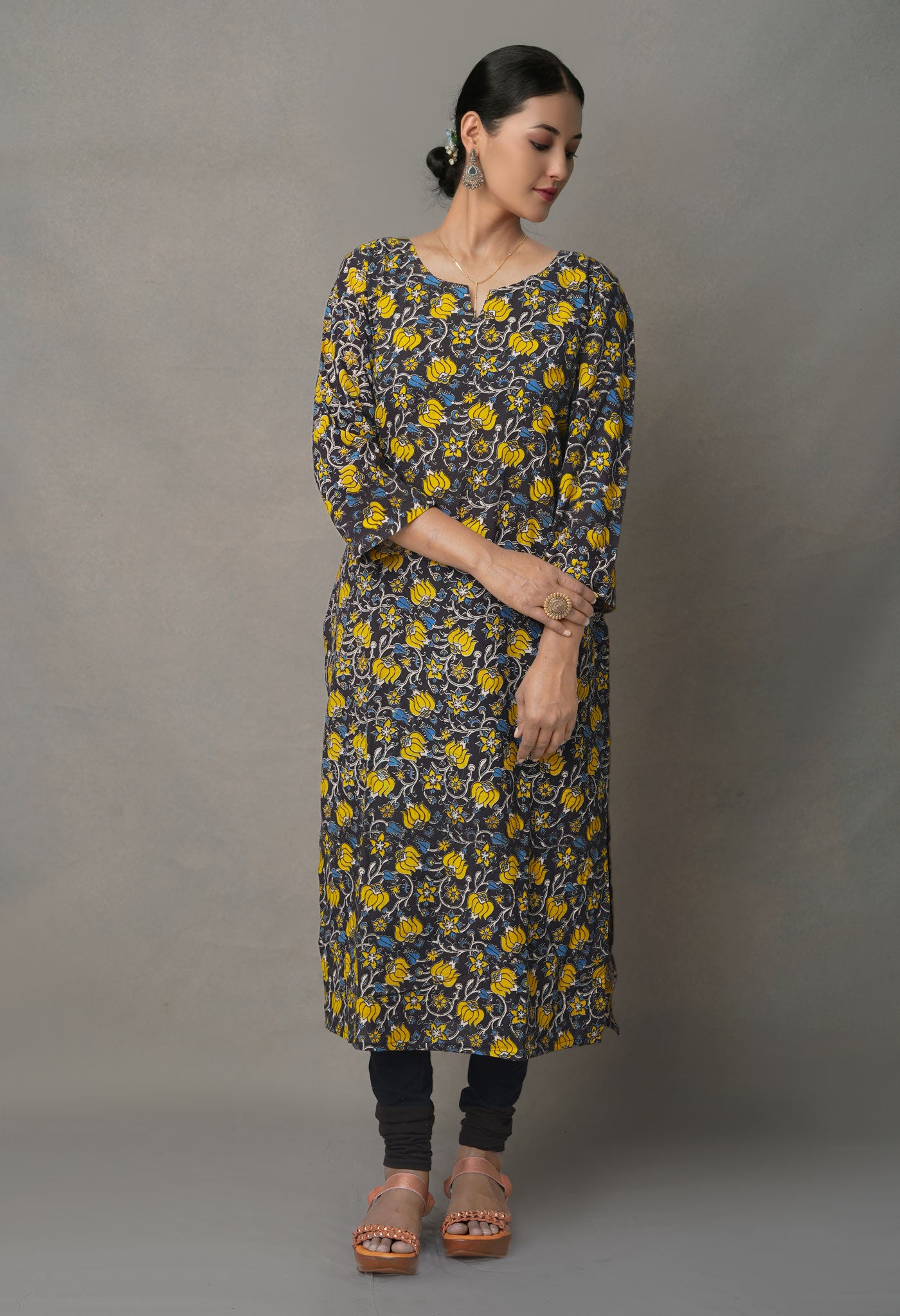 Black Pure Kalamkari Floral Cotton Long Kurta-PKK1873