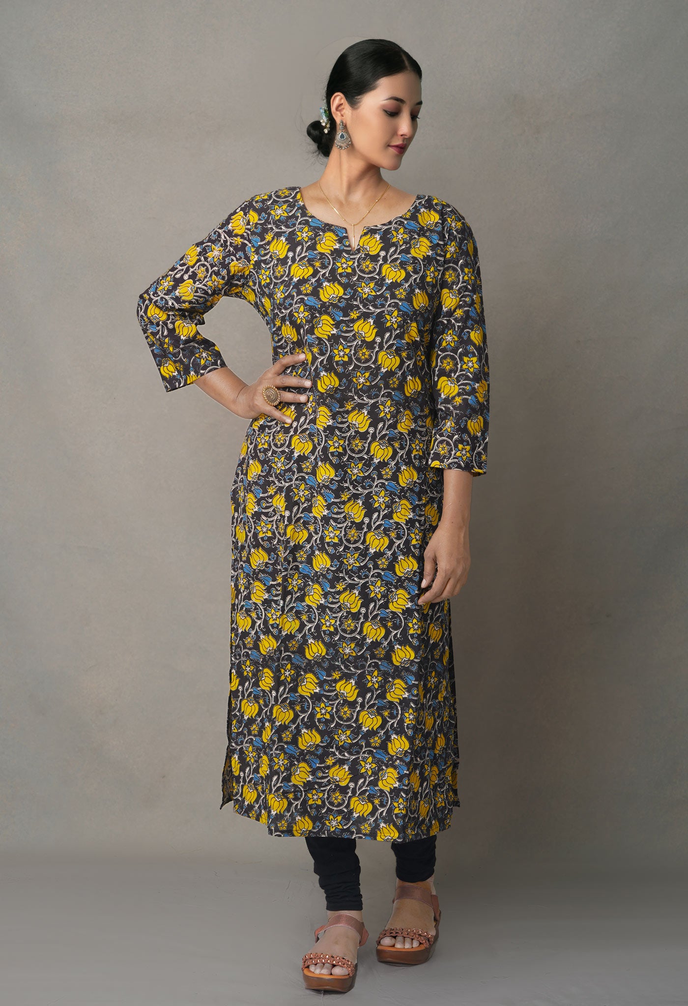 Black Pure Kalamkari Floral Cotton Long Kurta-PKK1873