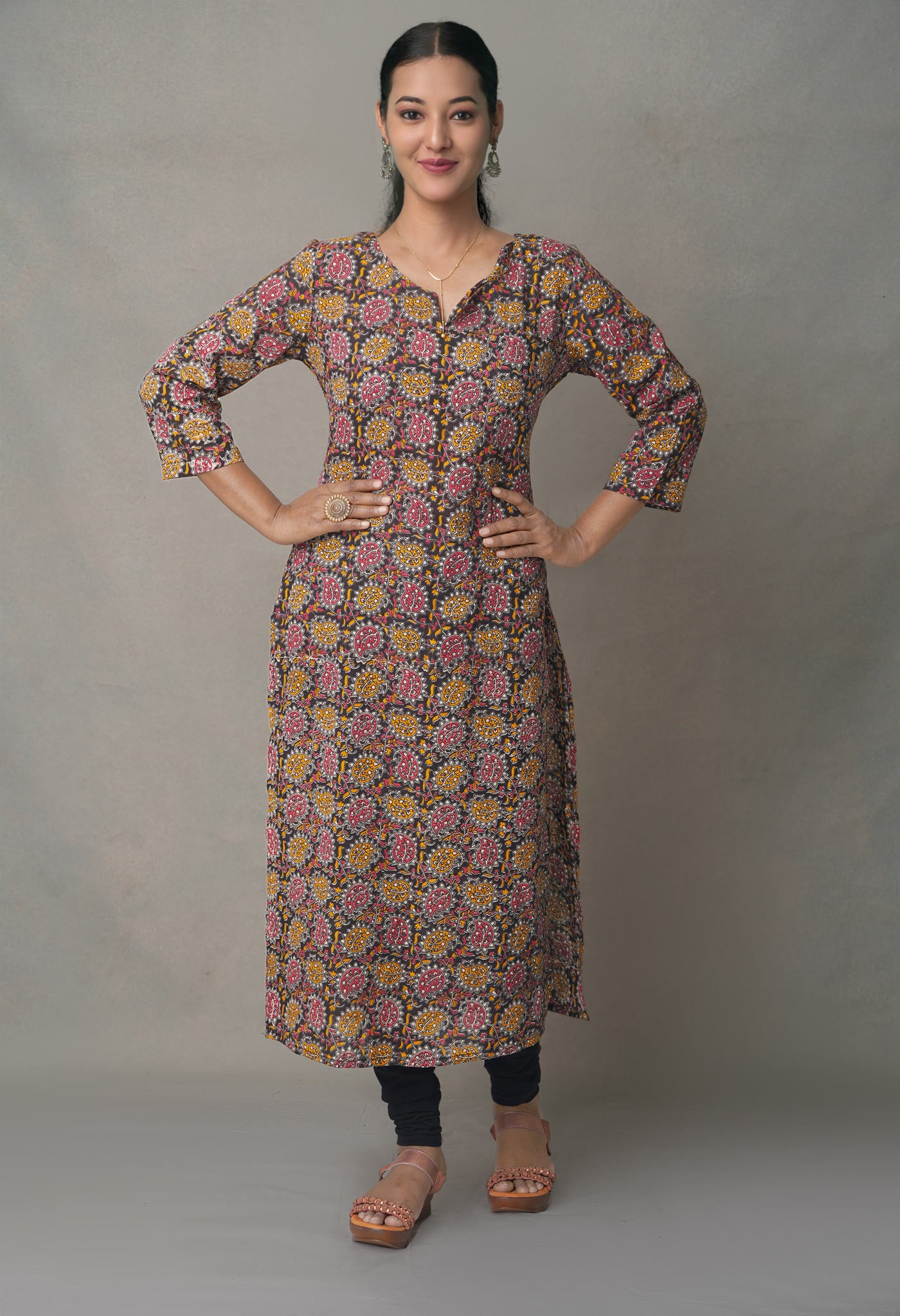 Black Pure Kalamkari Floral Cotton Long Kurta-PKK1874