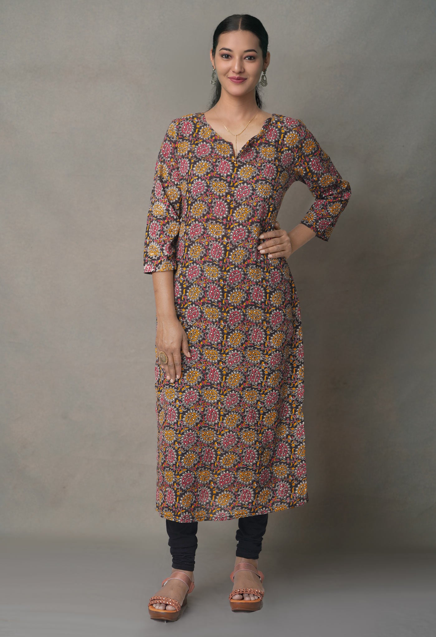 Black Pure Kalamkari Floral Cotton Long Kurta-PKK1874