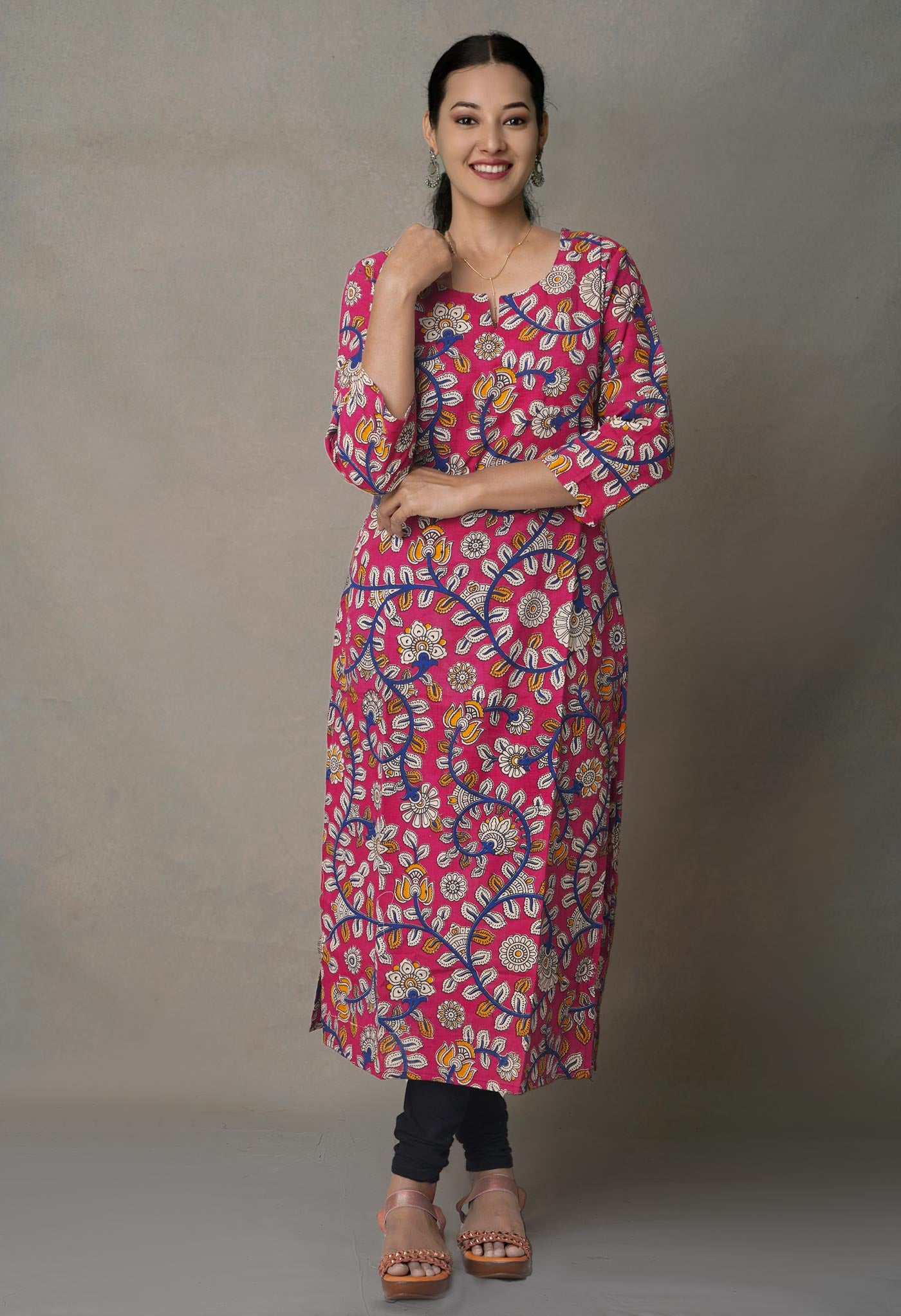 Pink Pure Kalamkari Floral Cotton Long Kurta-PKK1875