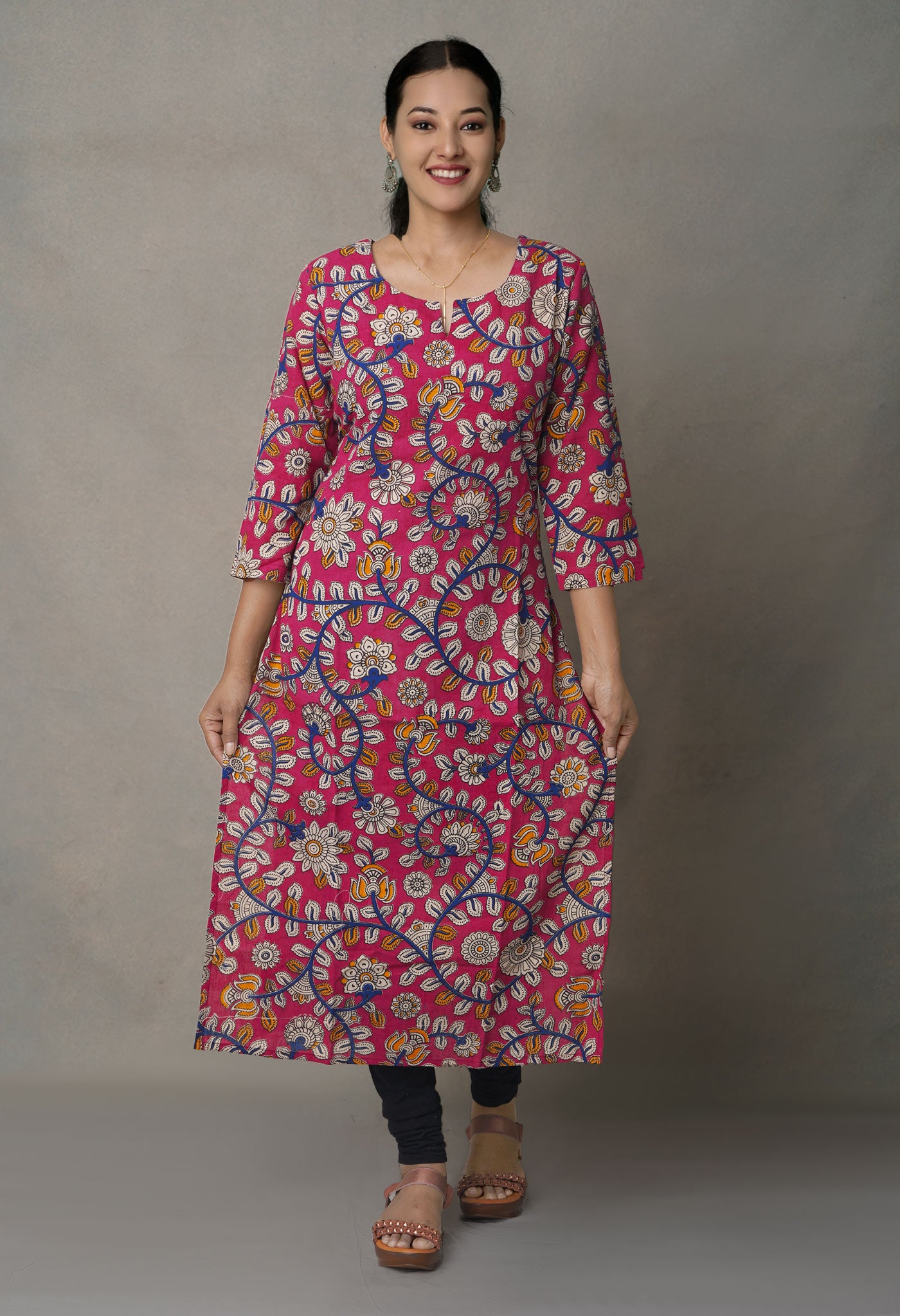 Pink Pure Kalamkari Floral Cotton Long Kurta-PKK1875