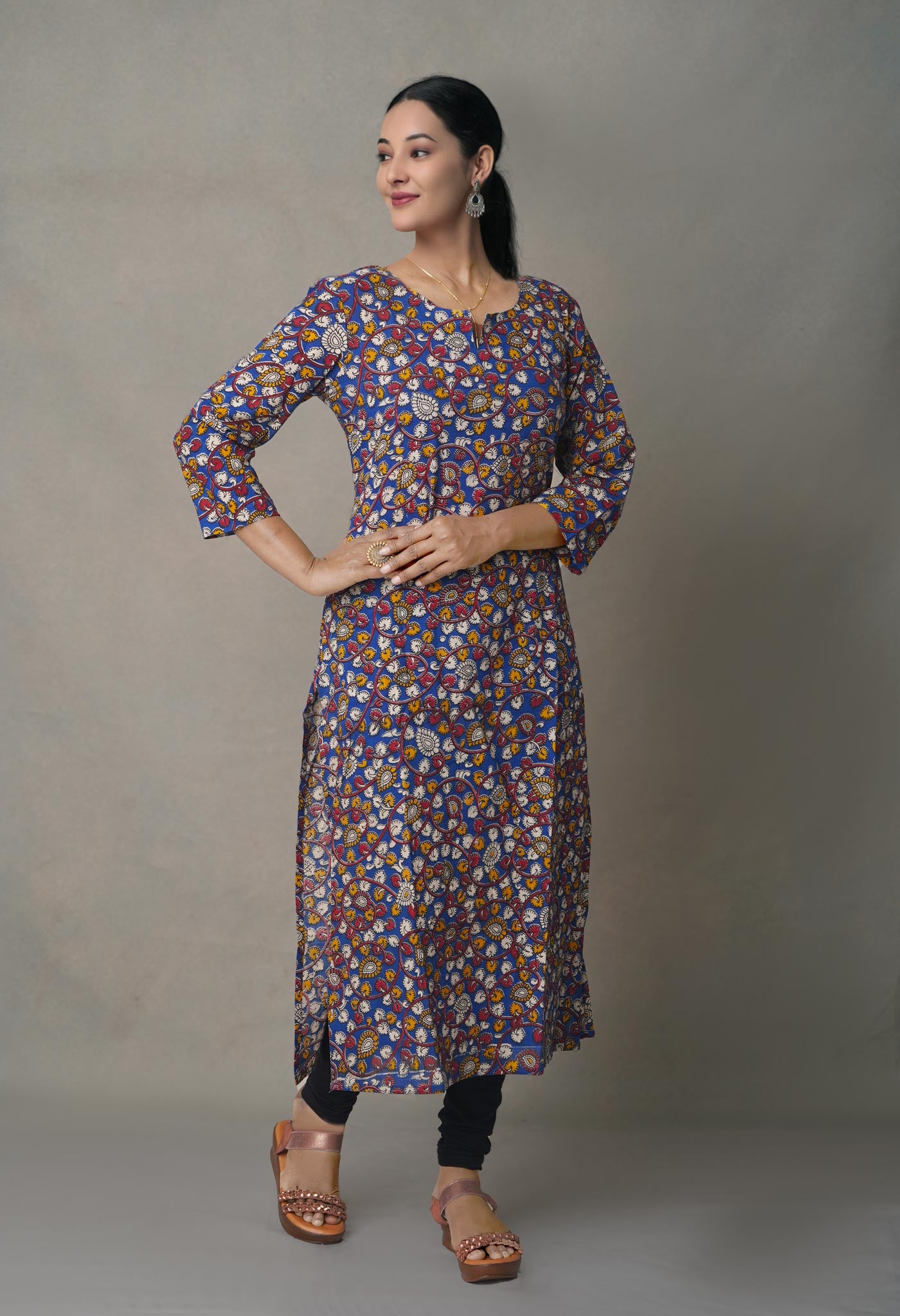 Black Pure Kalamkari Floral Cotton Long Kurta-PKK1876