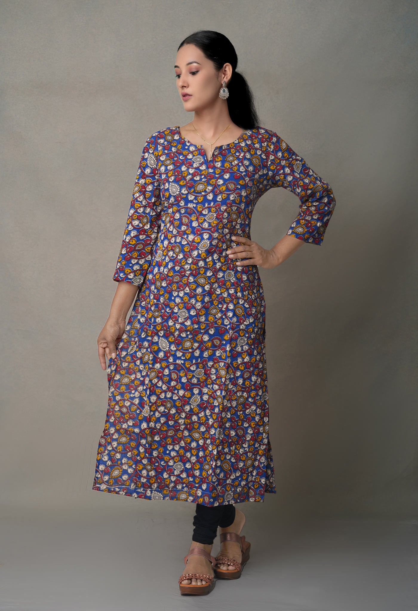 Black Pure Kalamkari Floral Cotton Long Kurta-PKK1876