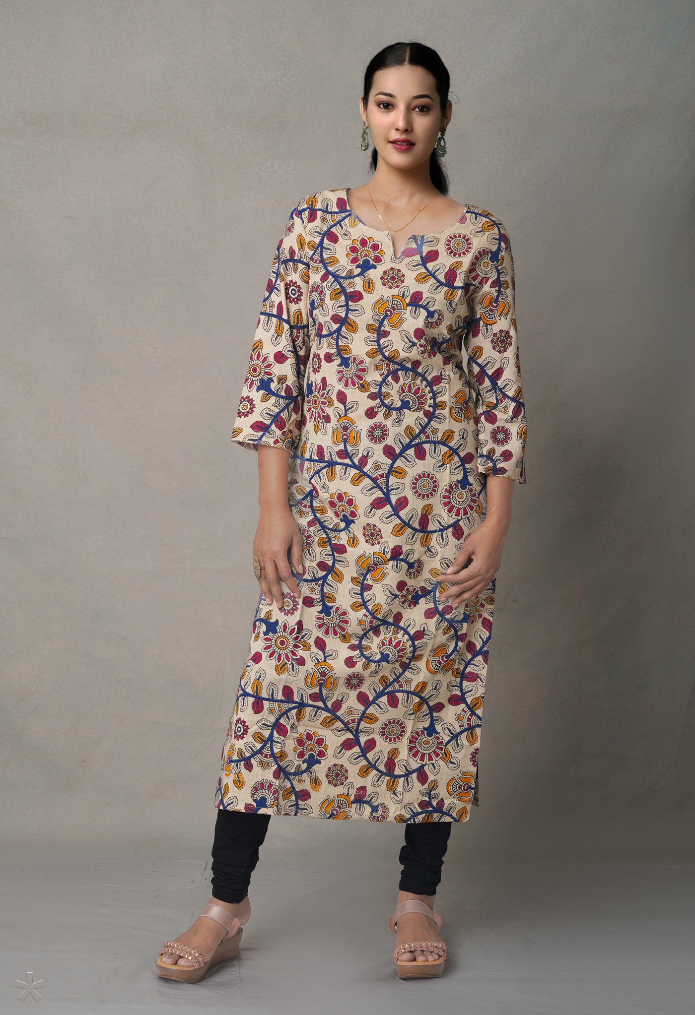 Ivory Pure Kalamkari Floral Cotton Long Kurta-PKK1882