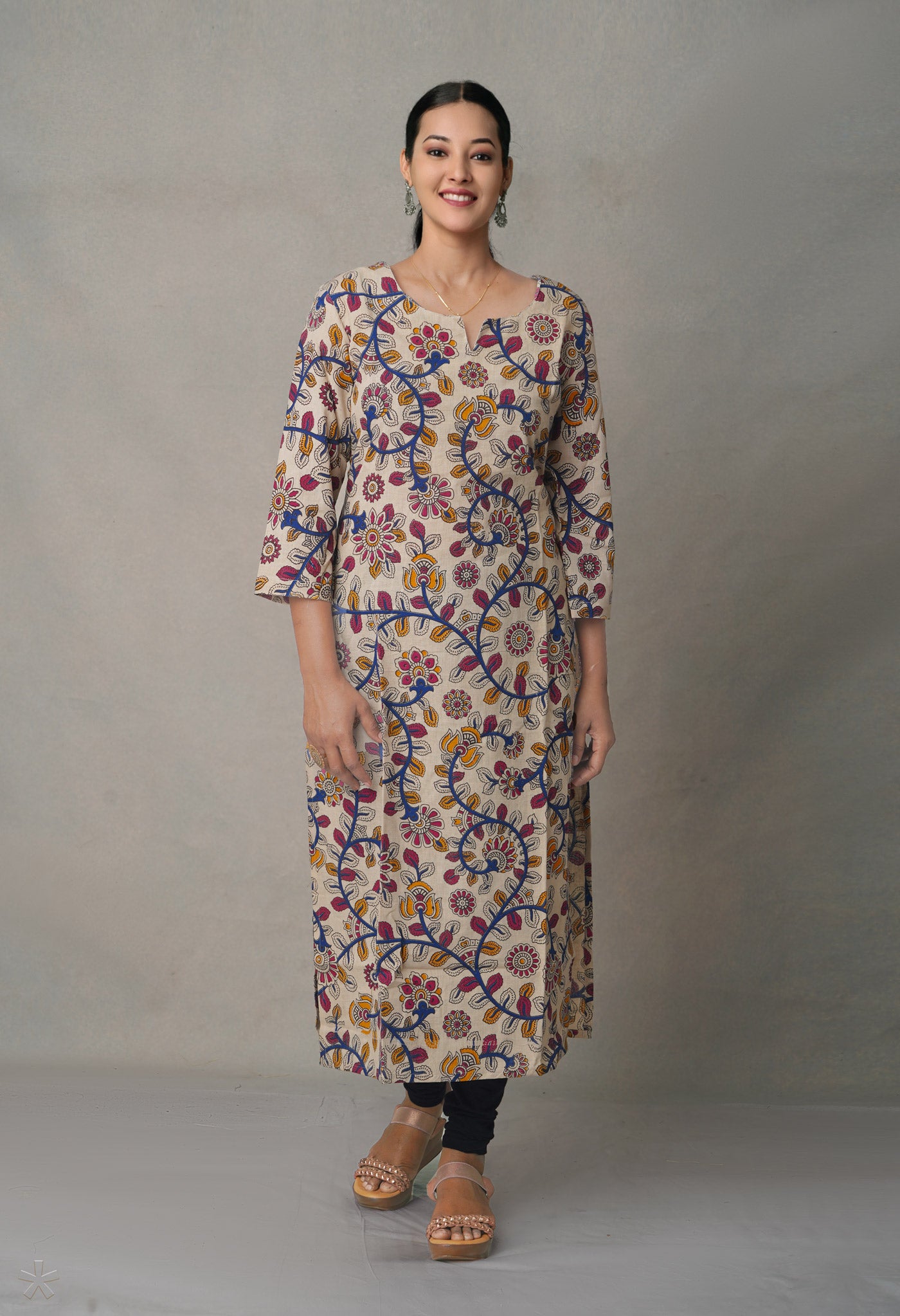 Ivory Pure Kalamkari Floral Cotton Long Kurta-PKK1882