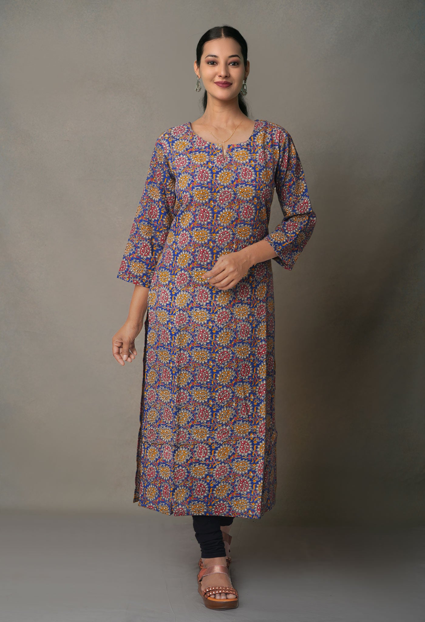 Blue Pure Kalamkari Floral Cotton Long Kurta-PKK1883