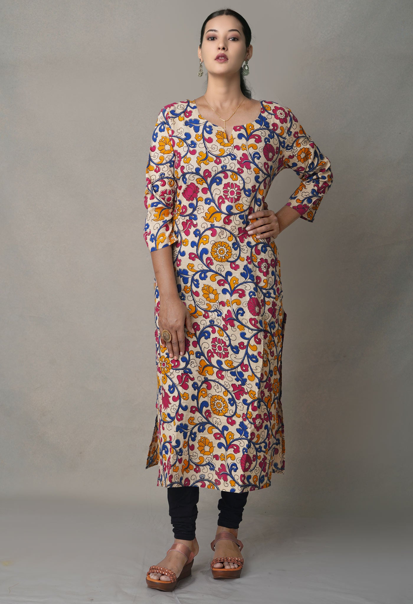 Ivory Pure Kalamkari Floral Cotton Long Kurta-PKK1884