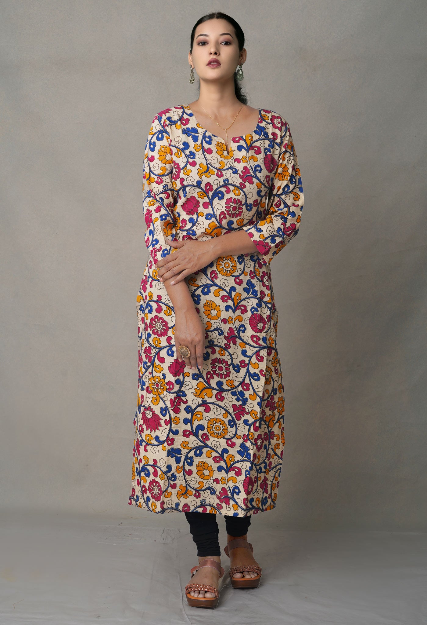 Ivory Pure Kalamkari Floral Cotton Long Kurta-PKK1884