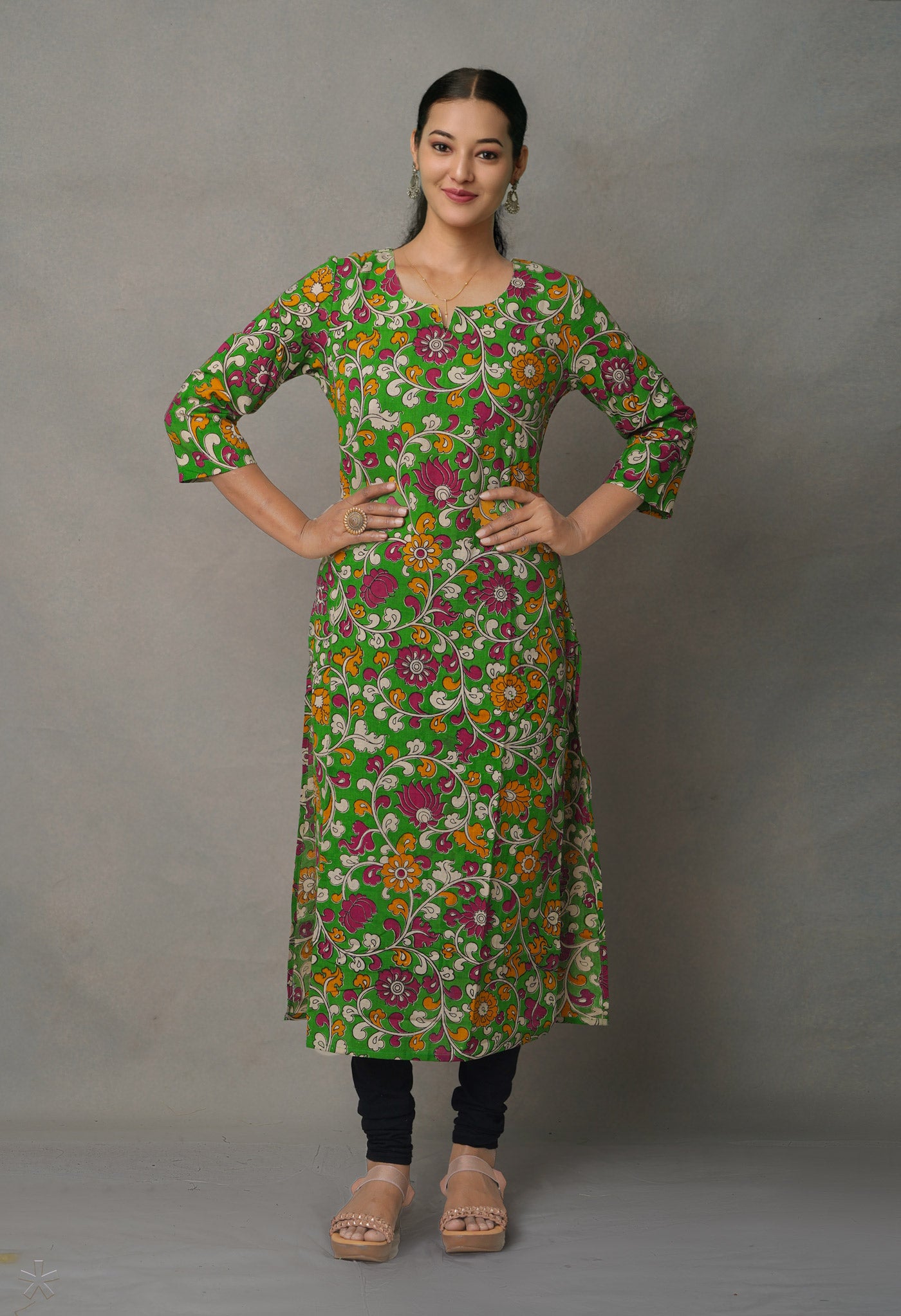 Green Pure Kalamkari Floral Cotton Long Kurta-PKK1885