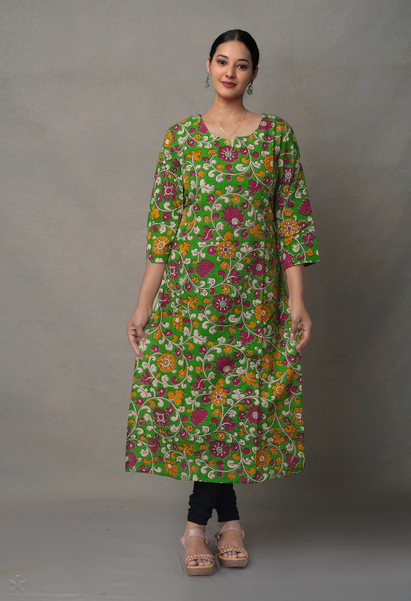 Green Pure Kalamkari Floral Cotton Long Kurta-PKK1885