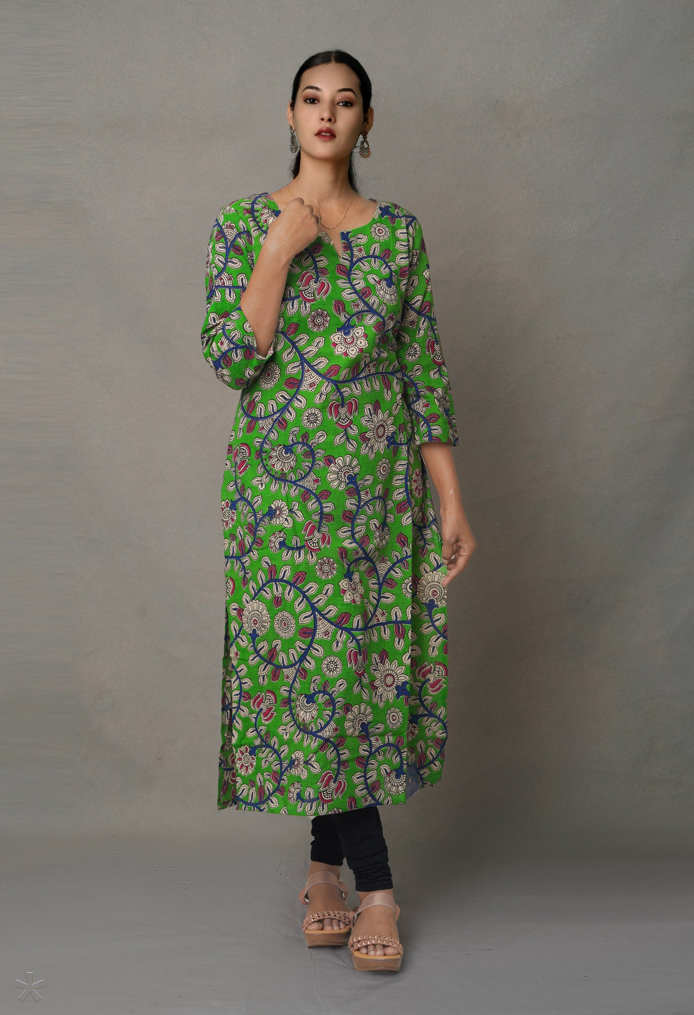 Green Pure Kalamkari Floral Cotton Long Kurta-PKK1886