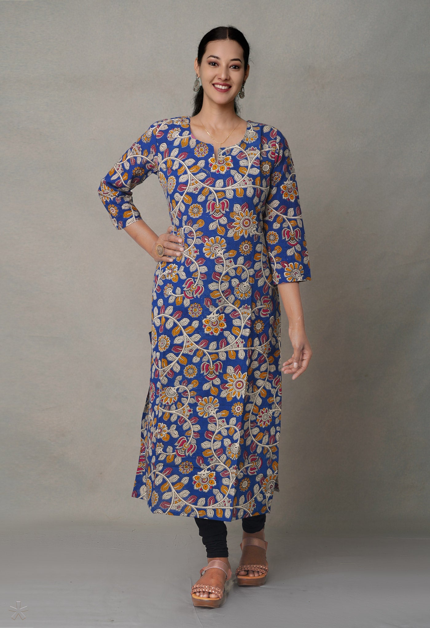 Blue Pure Kalamkari Floral Cotton Long Kurta-PKK1887