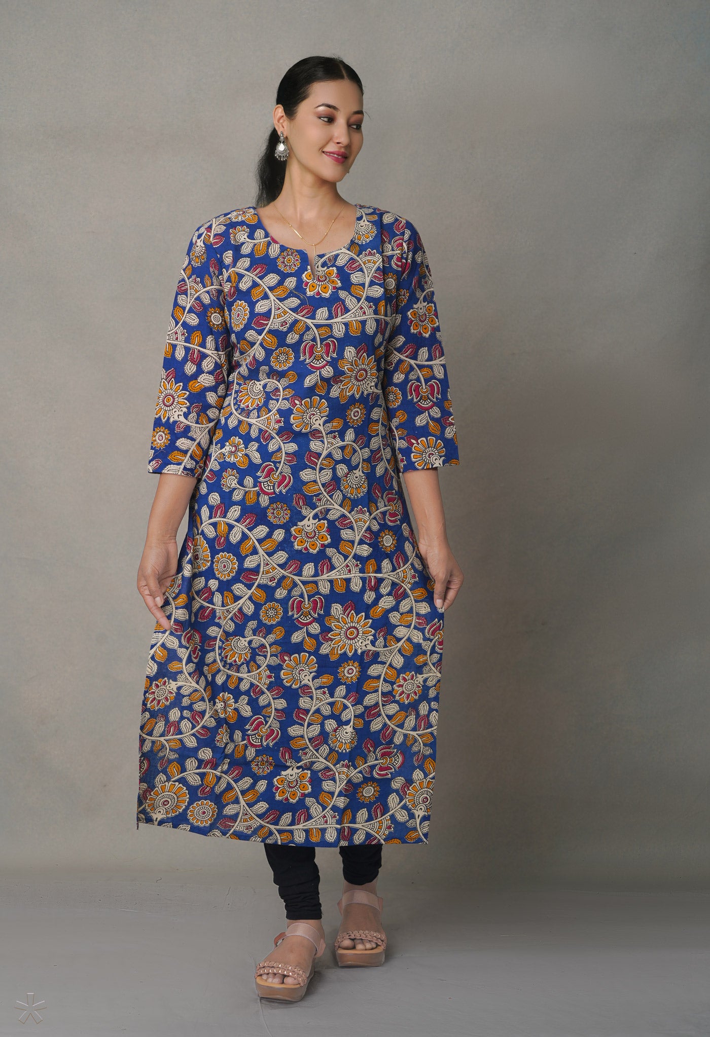 Blue Pure Kalamkari Floral Cotton Long Kurta-PKK1887