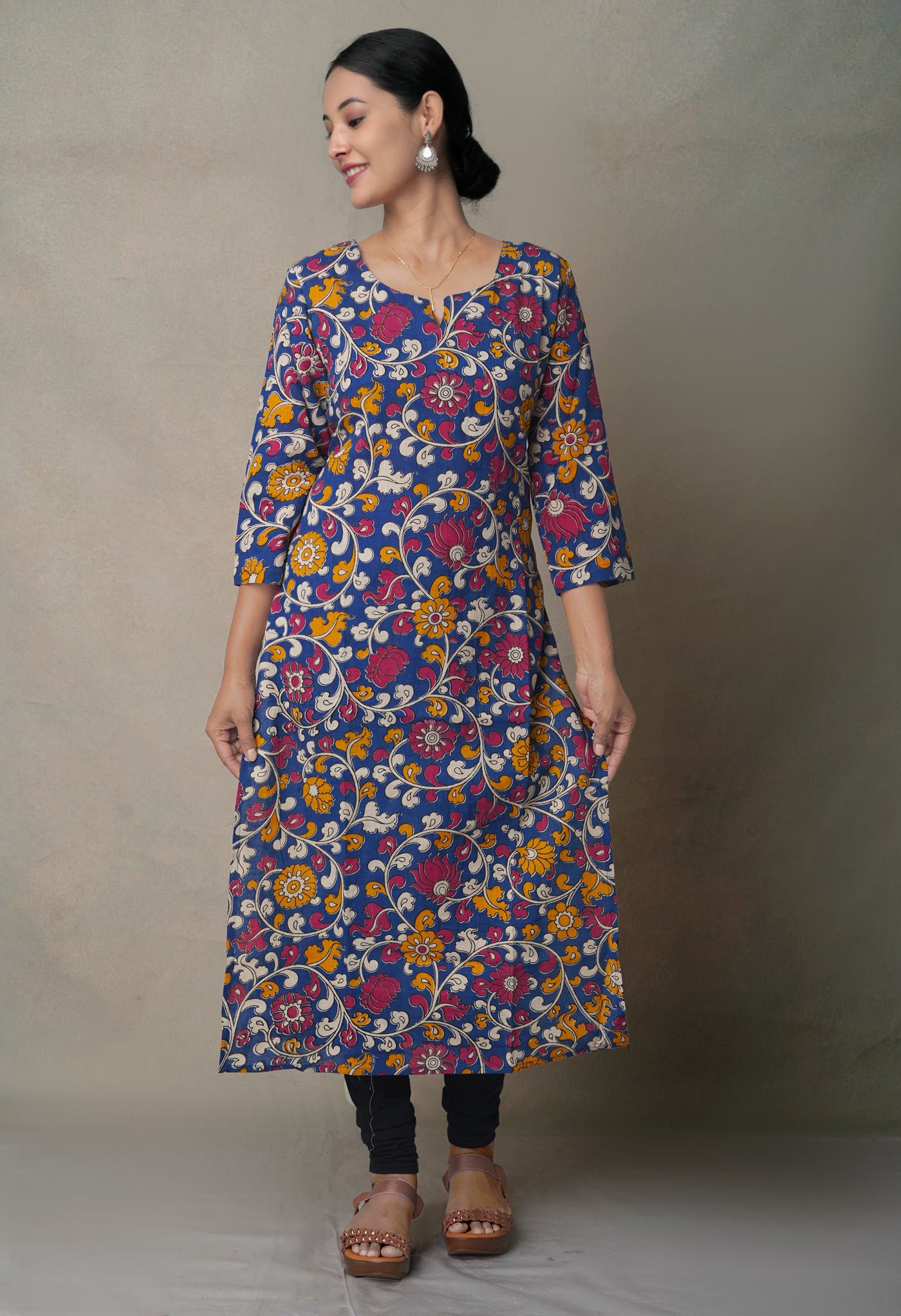 Blue Pure Kalamkari Floral Cotton Long Kurta-PKK1881