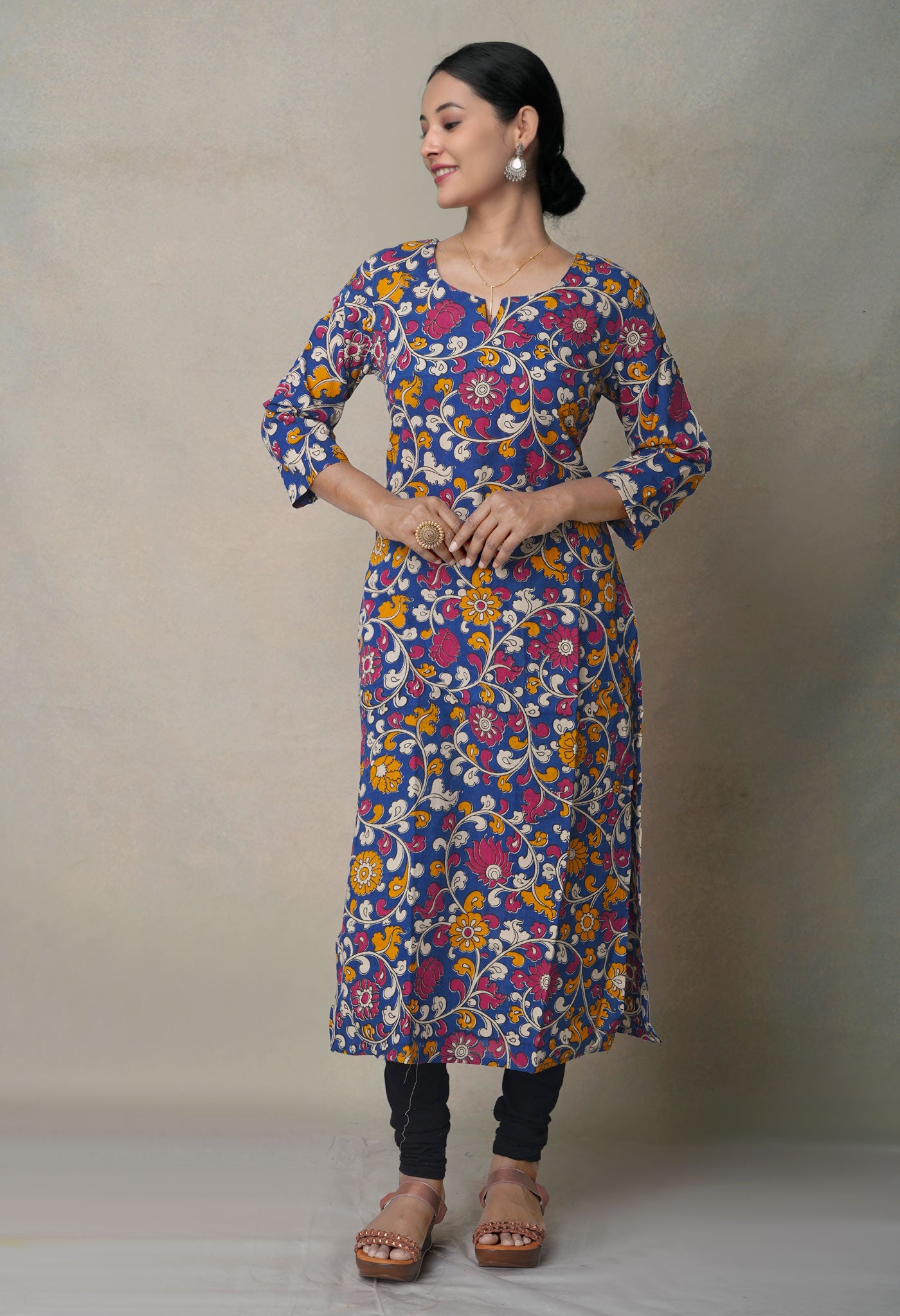 Blue Pure Kalamkari Floral Cotton Long Kurta-PKK1881