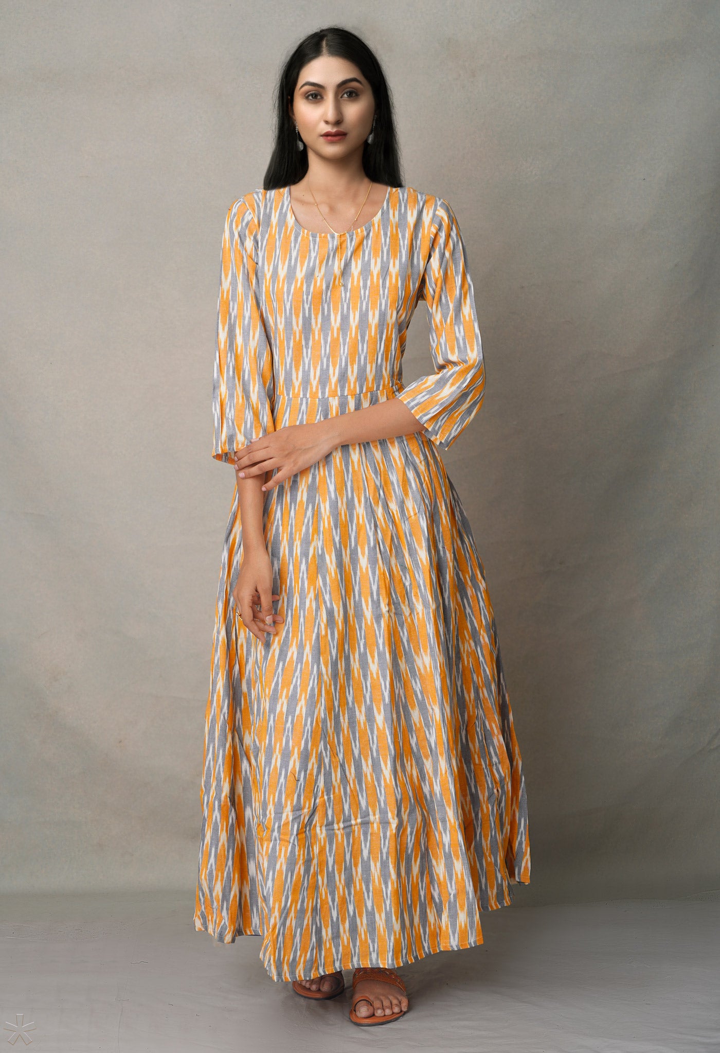 Yellow Pure Ikat  Cotton Long Kurta-PKK1890