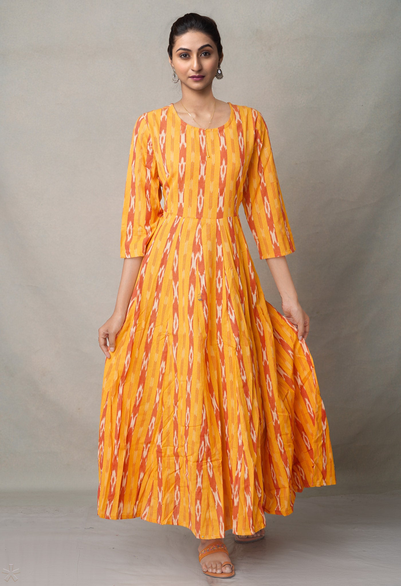 Yellow Pure Ikat  Cotton Long Kurta-PKK1893