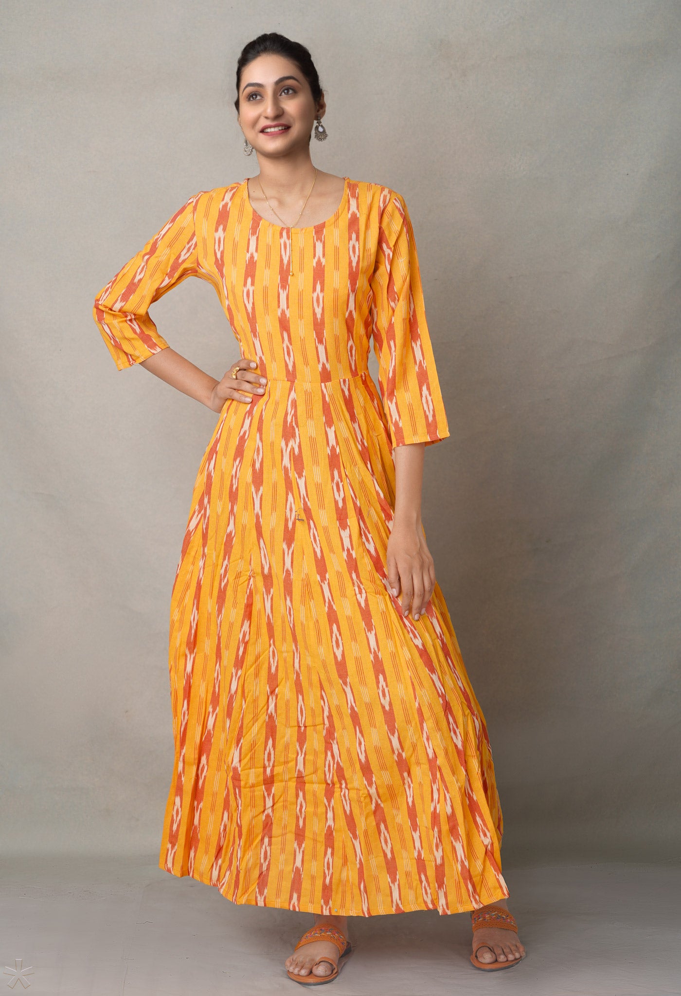 Yellow Pure Ikat  Cotton Long Kurta-PKK1893