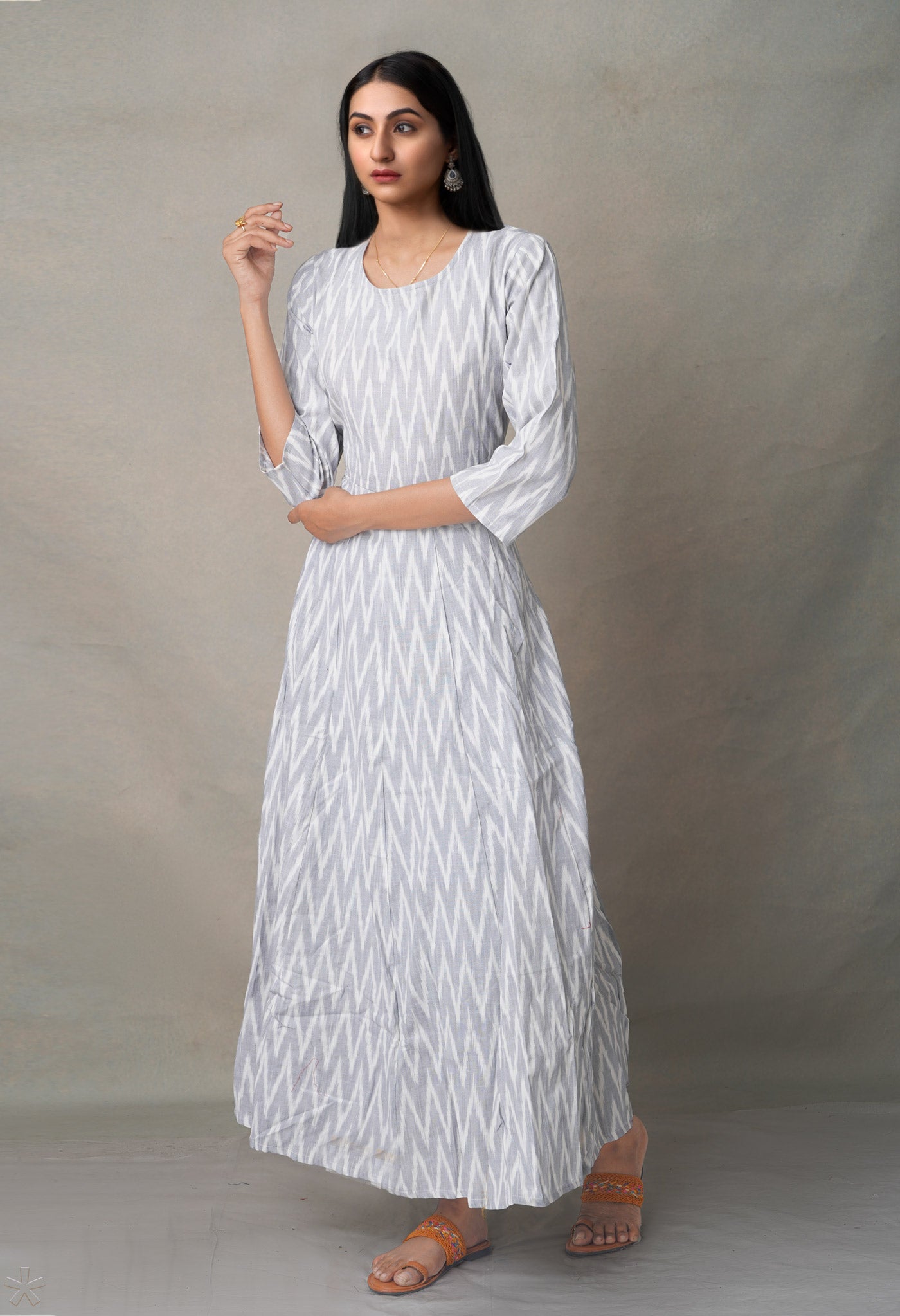 Grey Pure Ikat Cotton Long Kurta-PKK1897