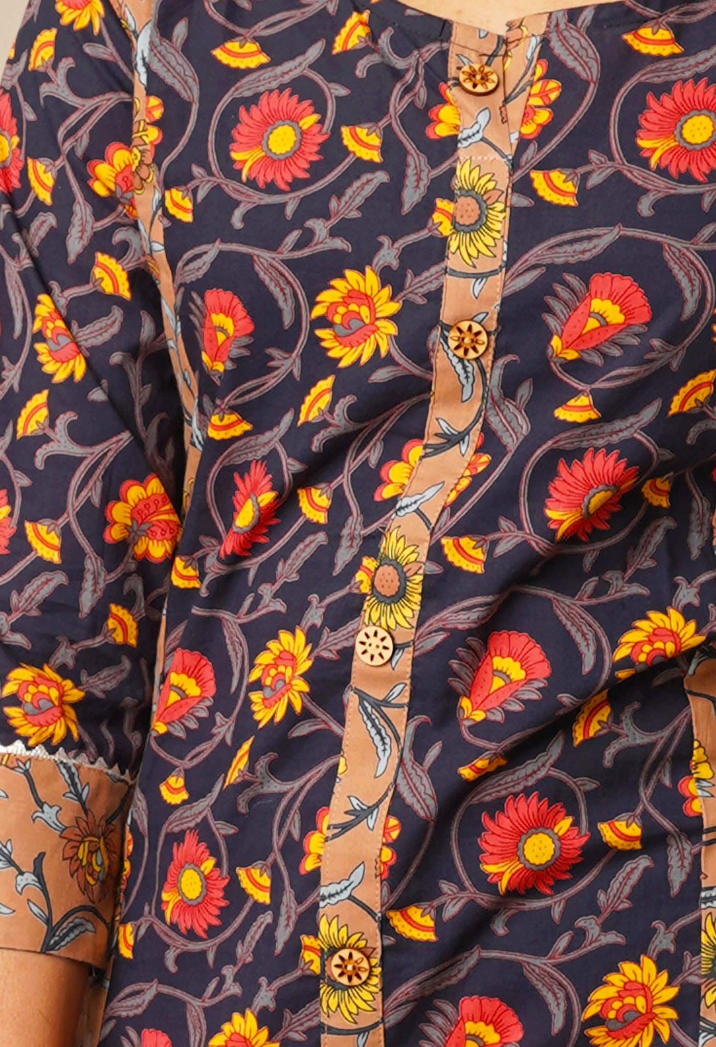 Dark Navy Blue Pure Ajrakh Floral Cotton Kurta-PKK1907