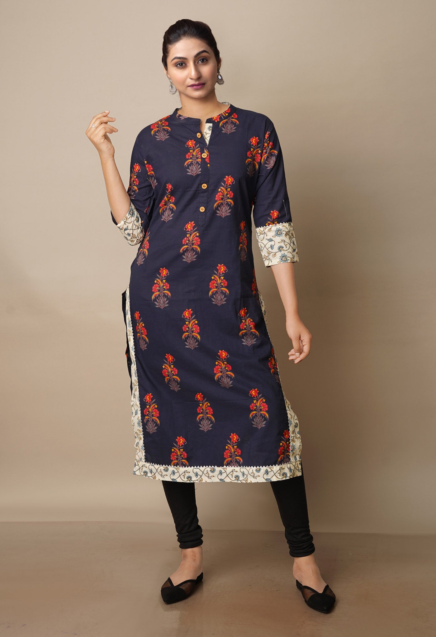 Dark Navy Blue Pure Bagru Floral Cotton Kurta-PKK1909