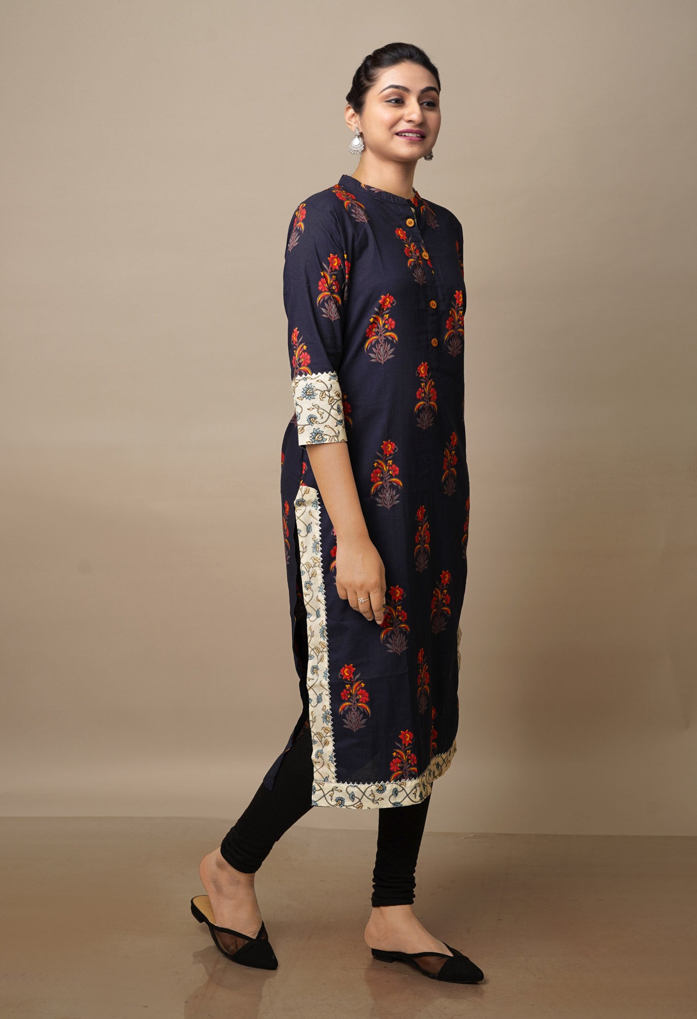 Dark Navy Blue Pure Bagru Floral Cotton Kurta-PKK1909