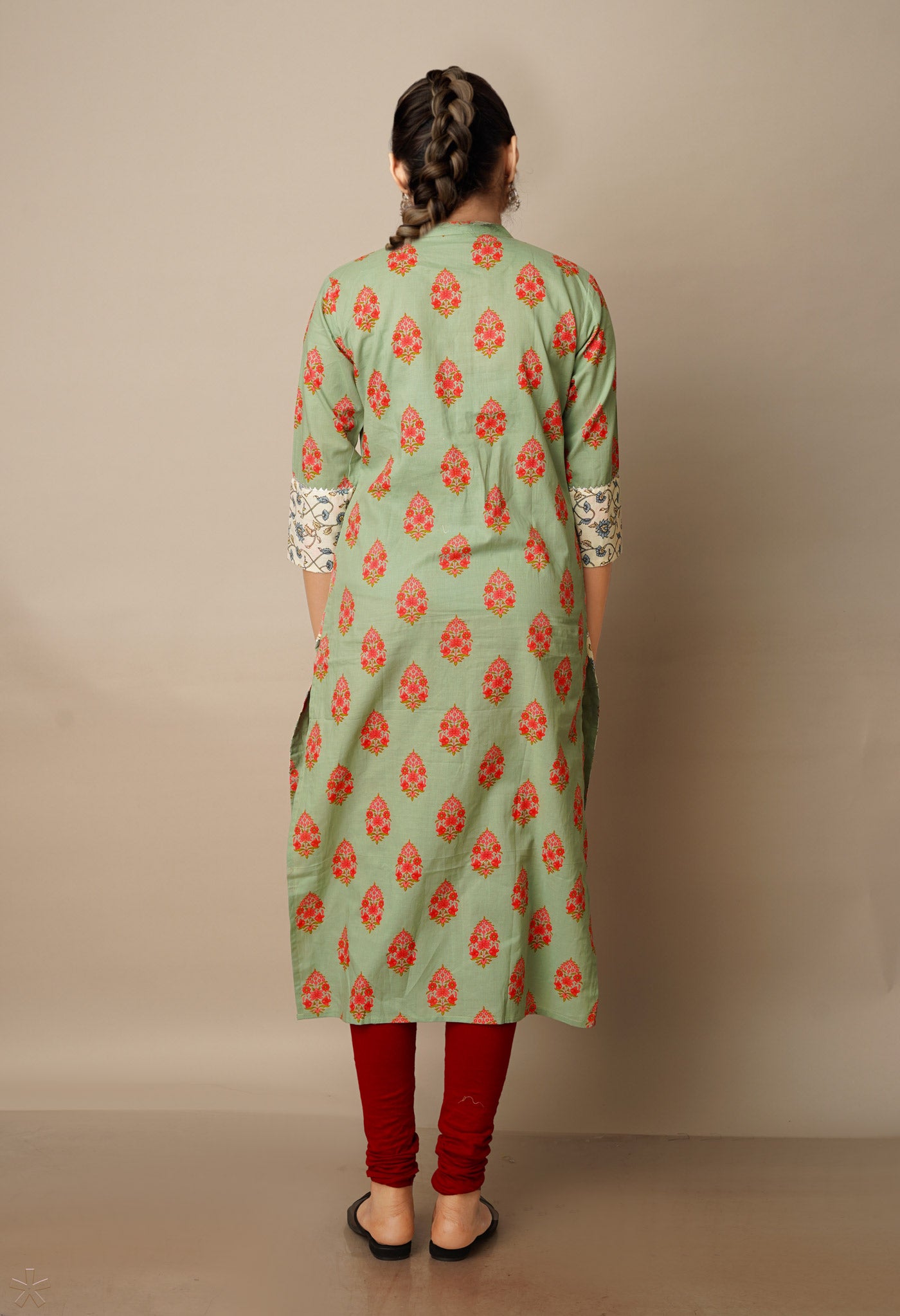 Dark Pastel Green Pure Bagru Floral Cotton Kurta-PKK1913