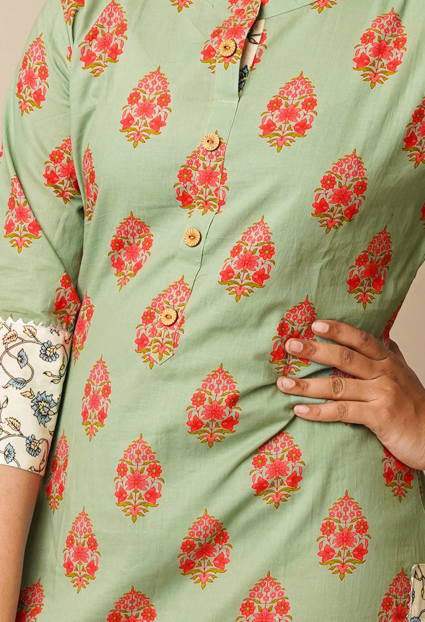 Dark Pastel Green Pure Bagru Floral Cotton Kurta-PKK1913