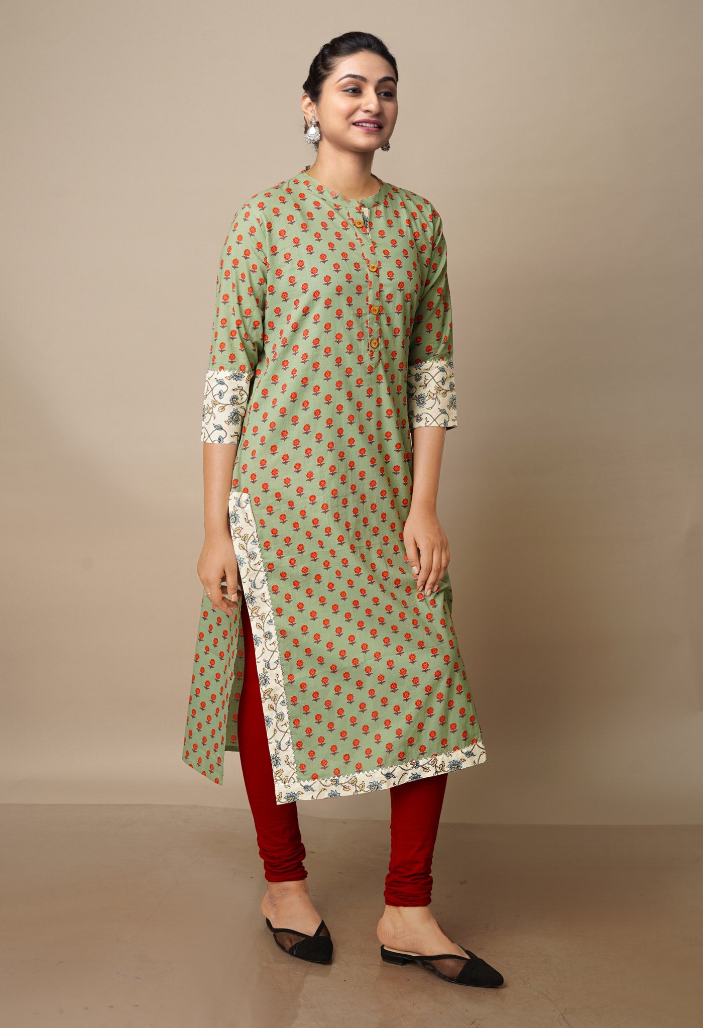 Dark Pastel Green Pure Bagru Floral Cotton Kurta-PKK1915